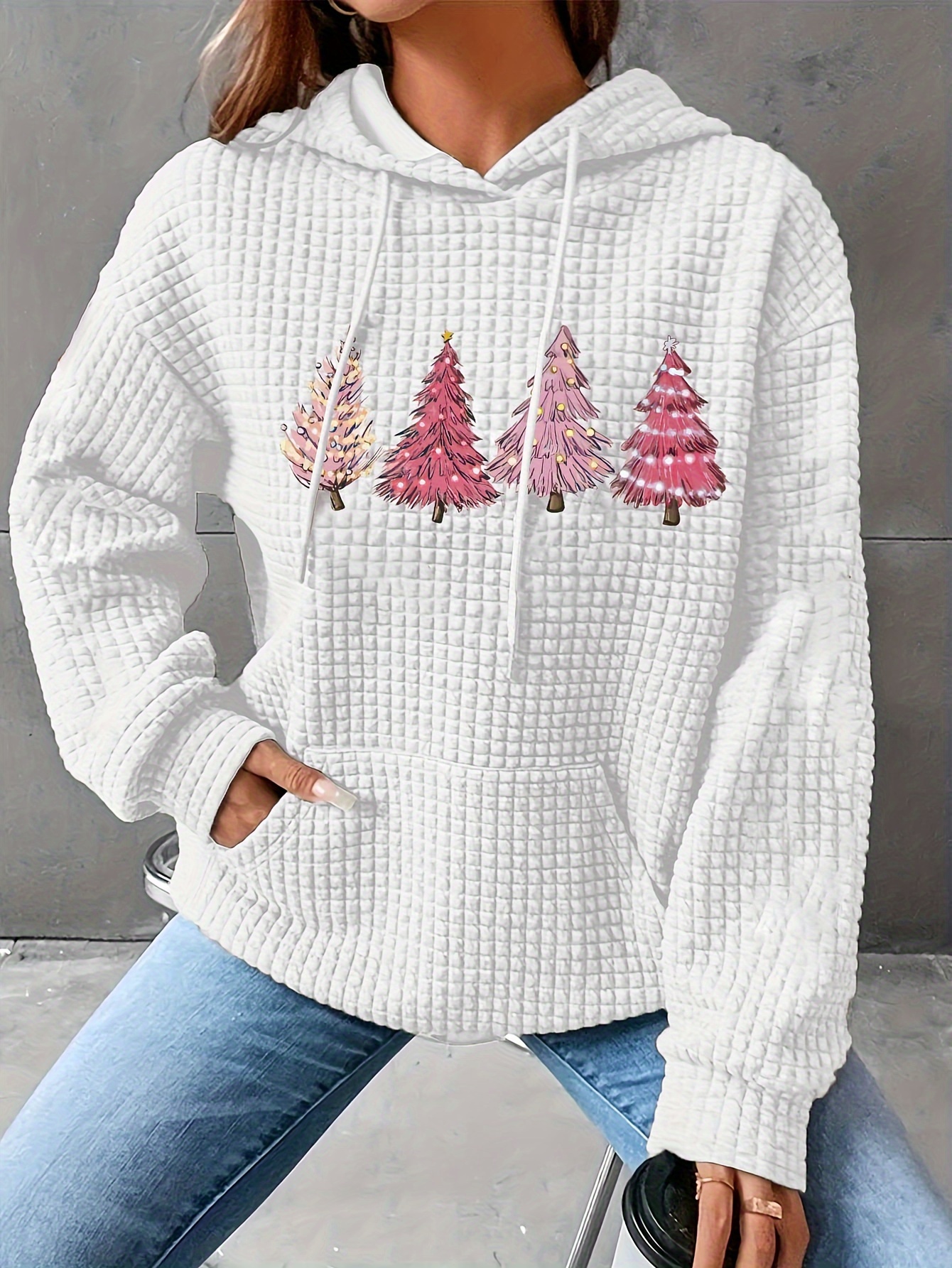 plus size christmas casual sweatshirt womens plus tree print long sleeve drawstring hoodie with pockets details 0