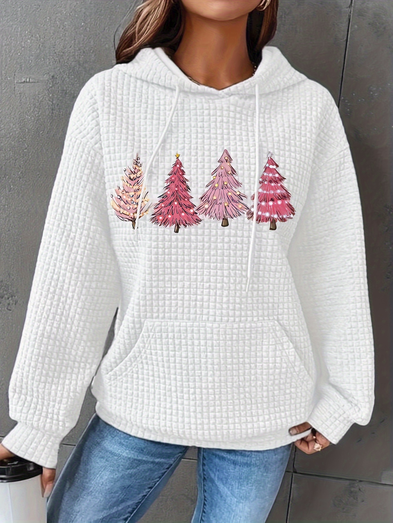 plus size christmas casual sweatshirt womens plus tree print long sleeve drawstring hoodie with pockets details 2