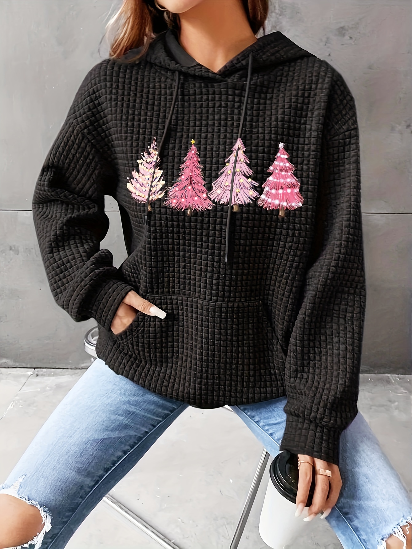 plus size christmas casual sweatshirt womens plus tree print long sleeve drawstring hoodie with pockets details 3