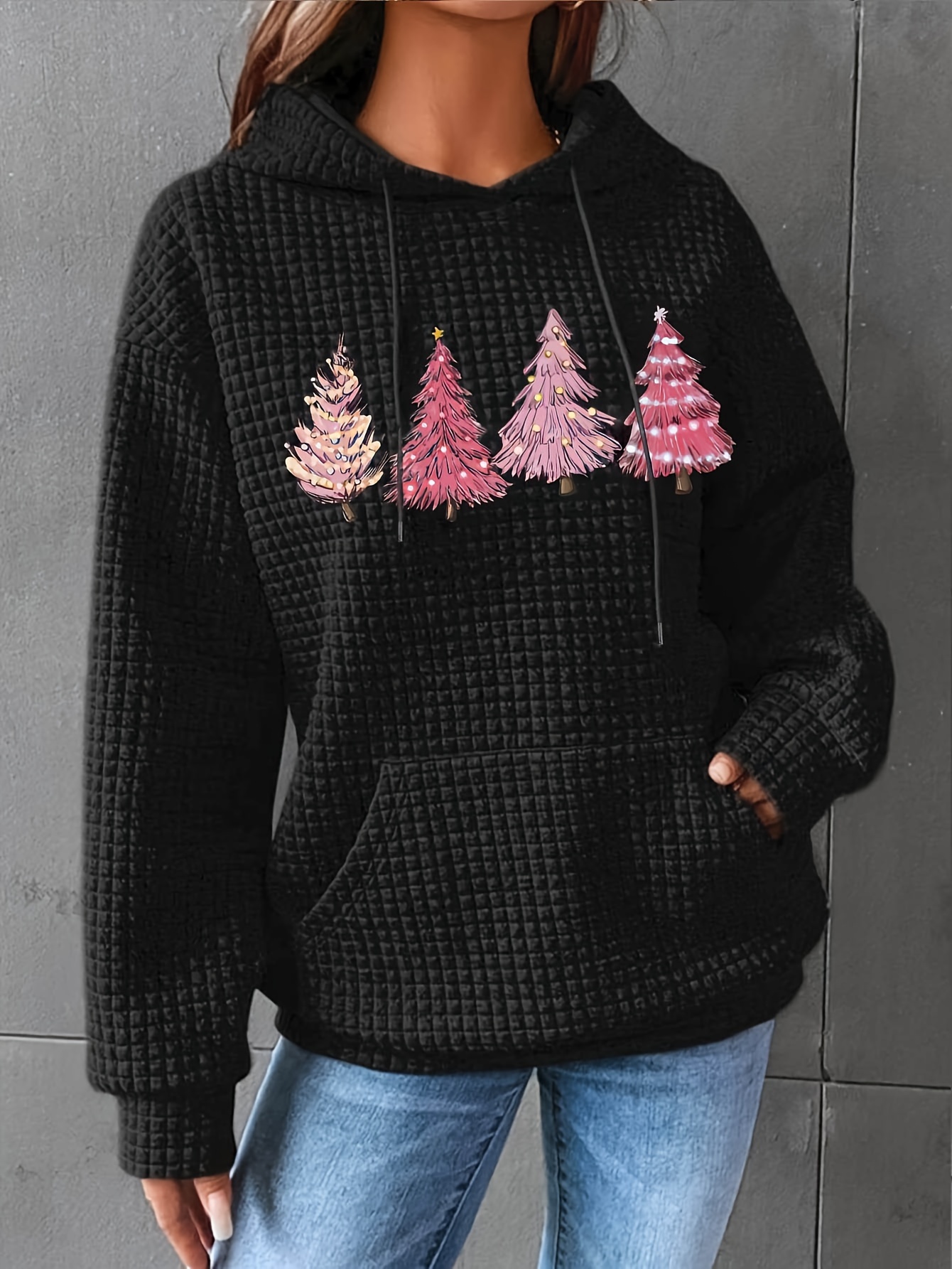 plus size christmas casual sweatshirt womens plus tree print long sleeve drawstring hoodie with pockets details 5