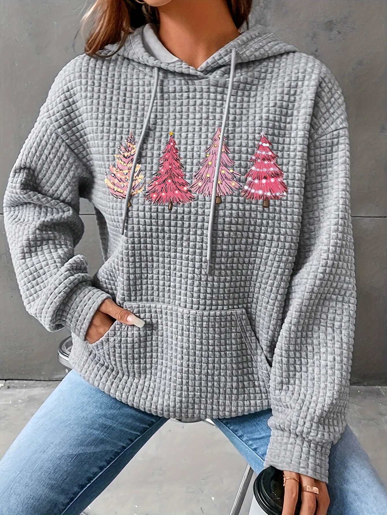 plus size christmas casual sweatshirt womens plus tree print long sleeve drawstring hoodie with pockets details 7