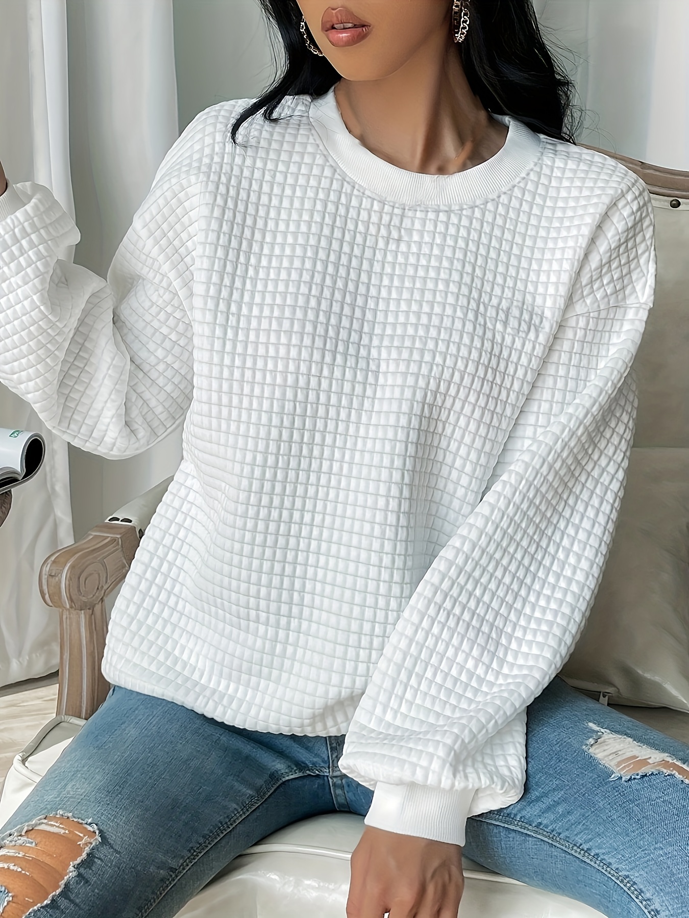 plus size casual sweatshirt womens plus solid waffle pattern long sleeve round neck sweatshirt details 5