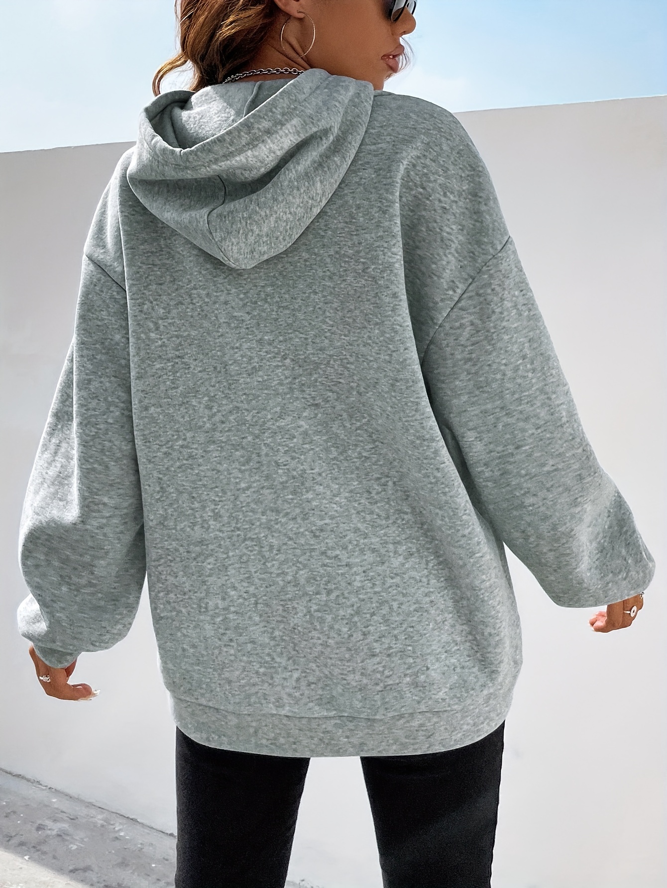 plus size casual sweatshirt womens plus heathered drop shoulder long sleeve zipper split hem drawstring hoodie details 1