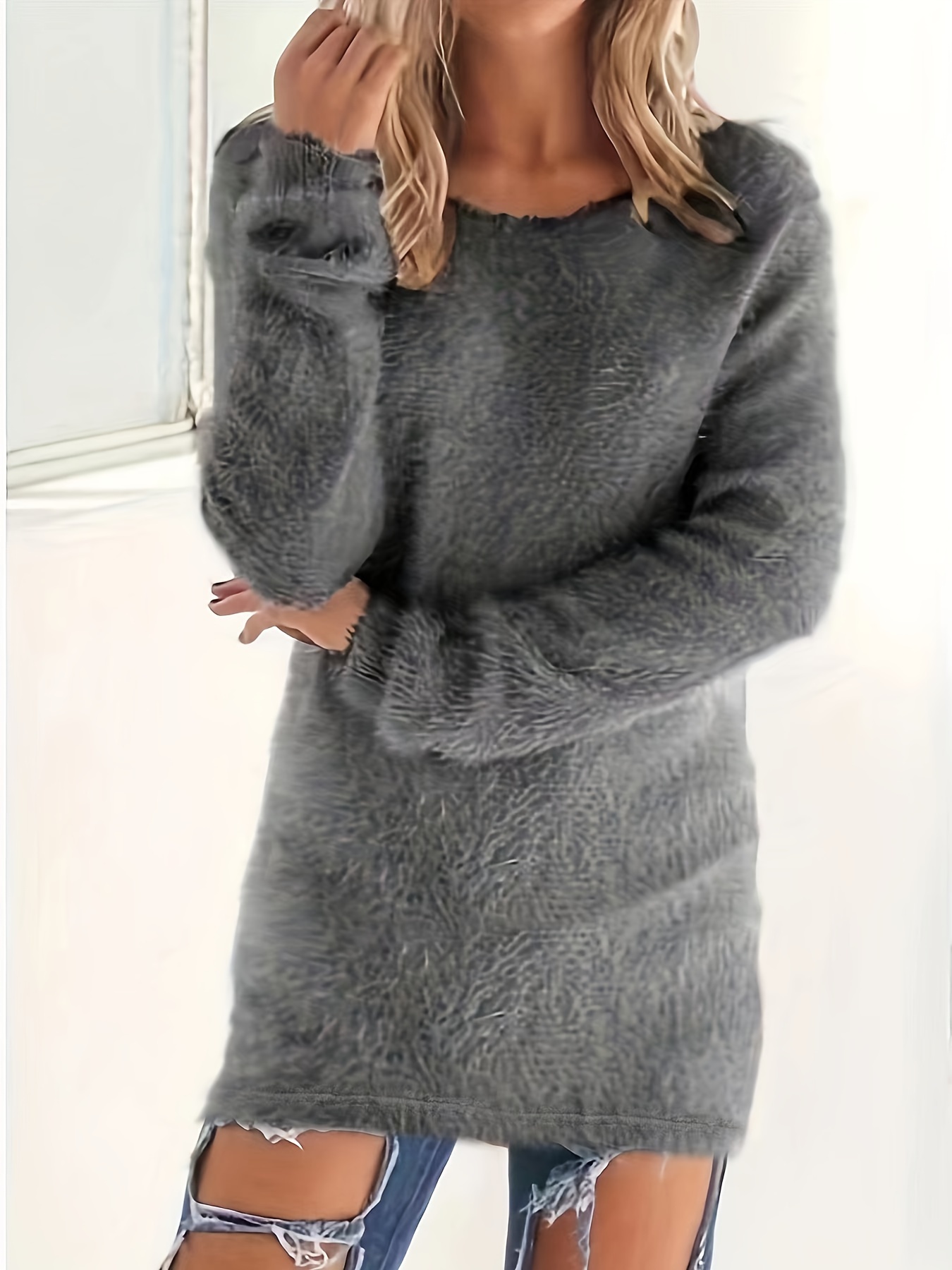 plus size simple sweater womens plus long sleeve round neck fluffy fuzzy pullover jumper details 21