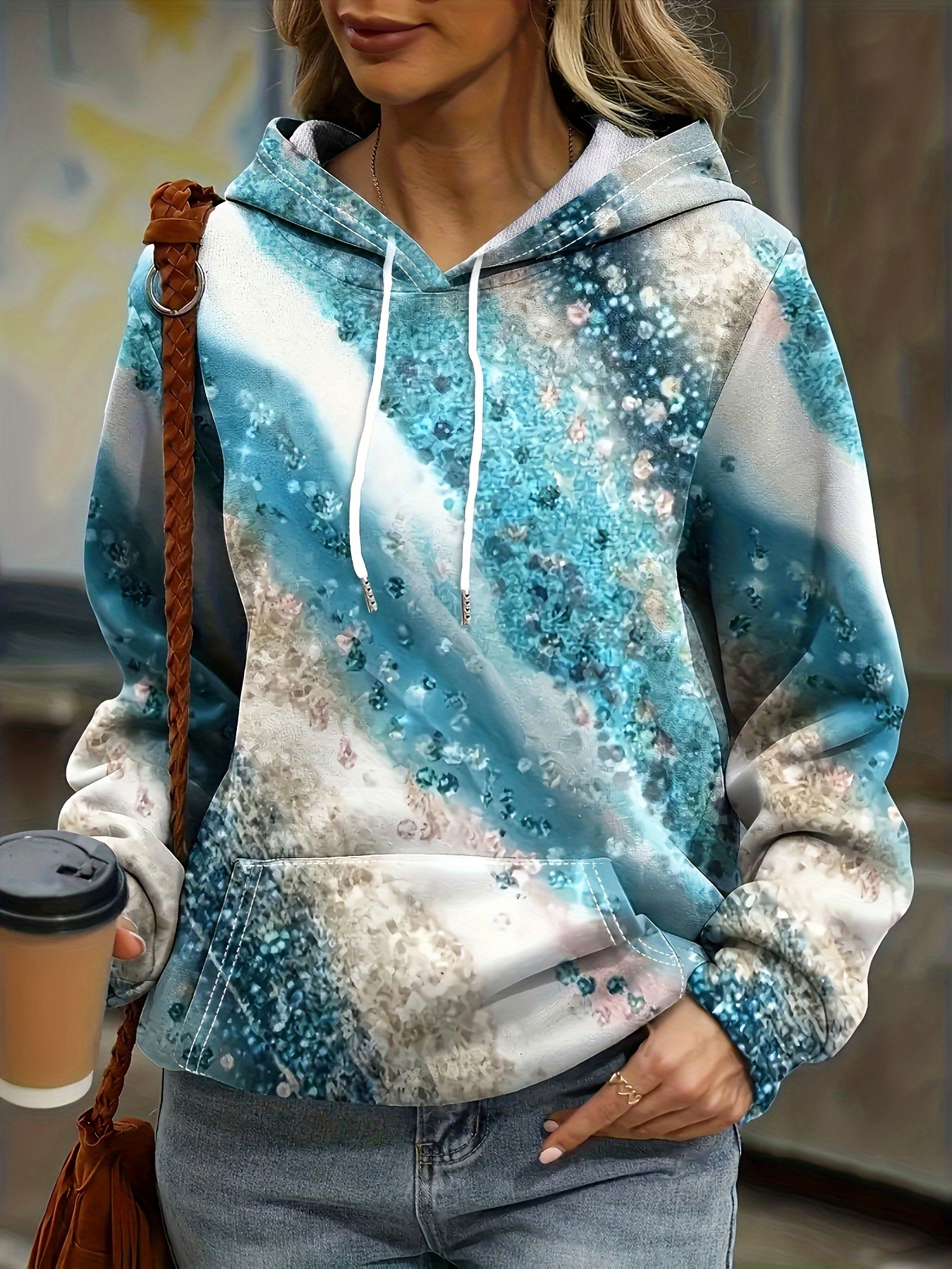 plus size casual sweatshirt womens plus marble print long sleeve drawstring hoodie with pockets details 0