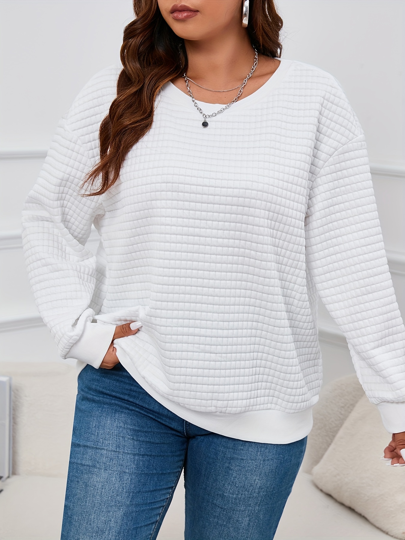 plus size casual sweatshirt womens plus solid waffle knit long sleeve drop shoulder crew neck pullover top details 0