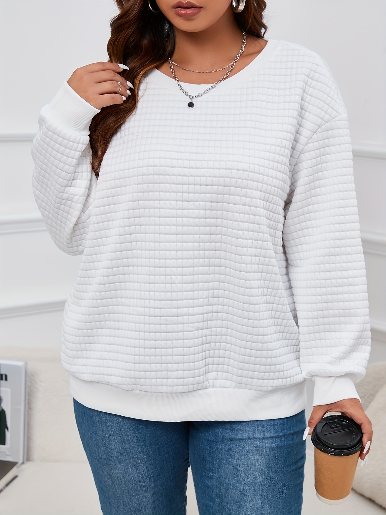 plus size casual sweatshirt womens plus solid waffle knit long sleeve drop shoulder crew neck pullover top details 3