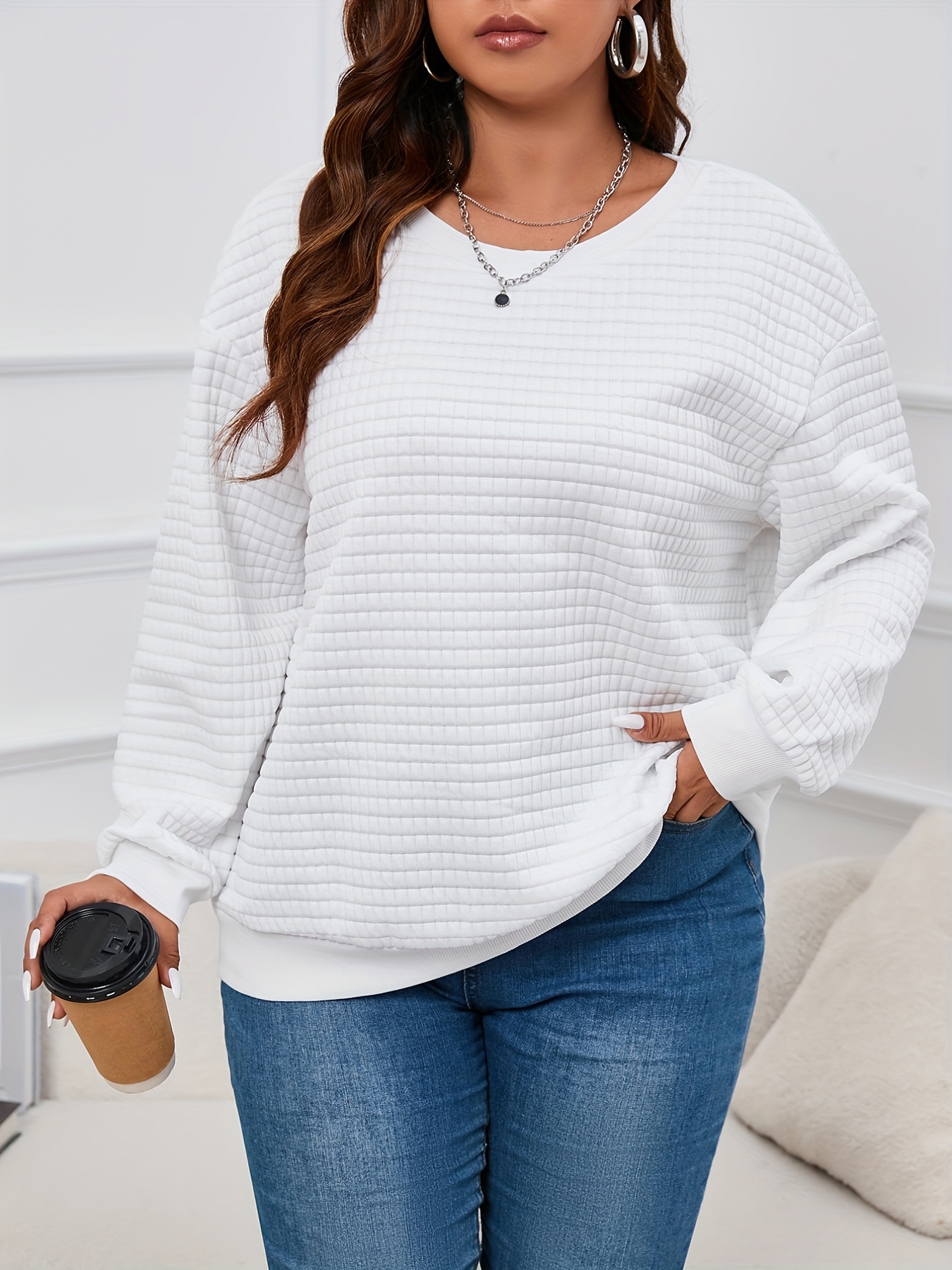 plus size casual sweatshirt womens plus solid waffle knit long sleeve drop shoulder crew neck pullover top details 5