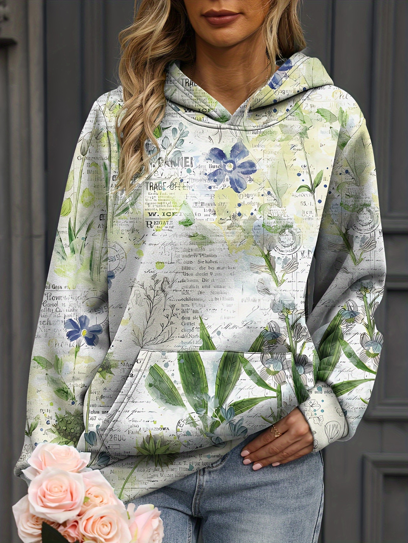 plus size floral print pocket hoodie casual long sleeve hoodies sweatshirt womens plus size clothing details 0