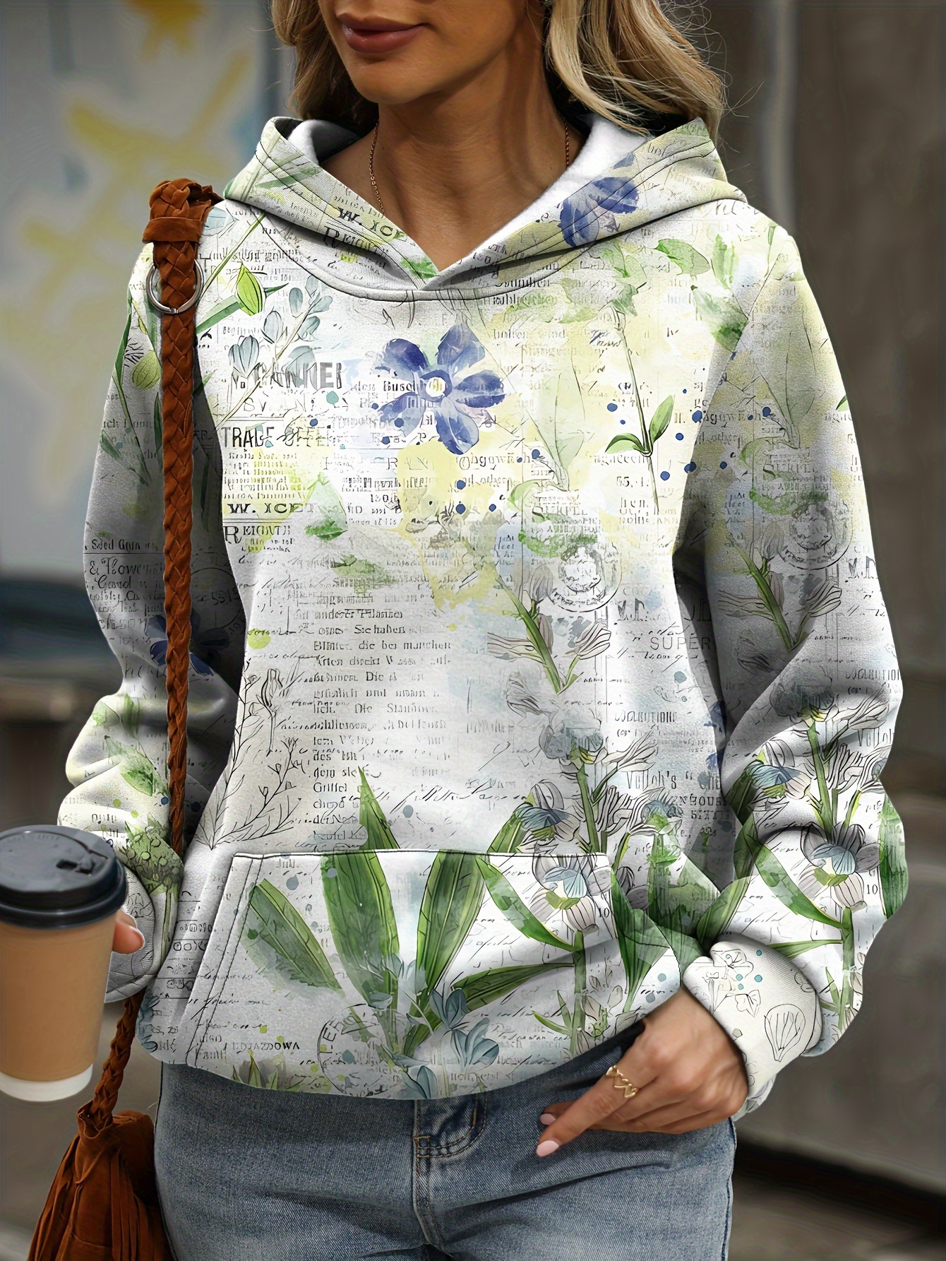 plus size floral print pocket hoodie casual long sleeve hoodies sweatshirt womens plus size clothing details 1