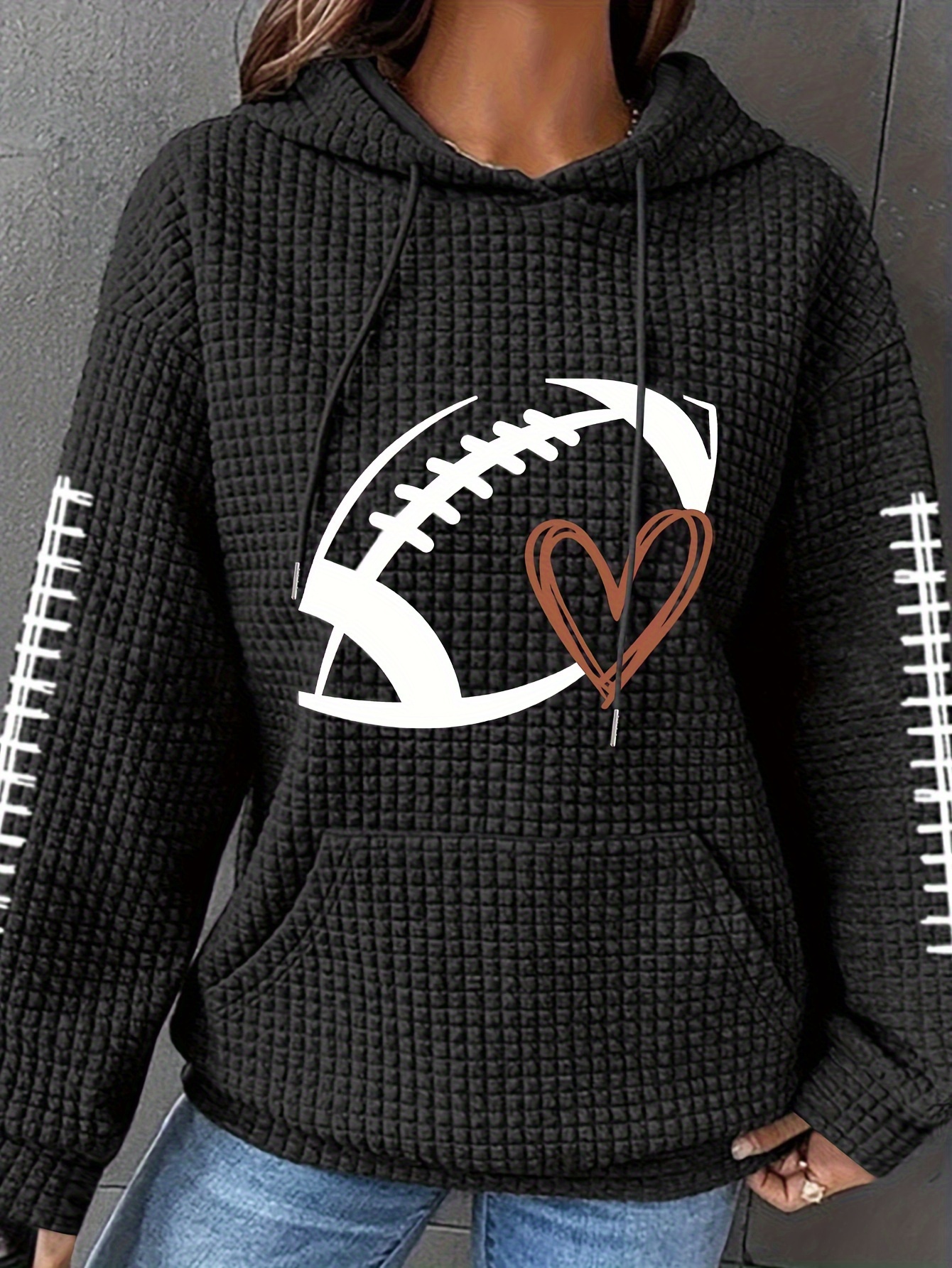 plus size casual hoodie womens plus rugby heart print waffle knit long sleeve drawstring hoodie with kangaroo pockets details 0