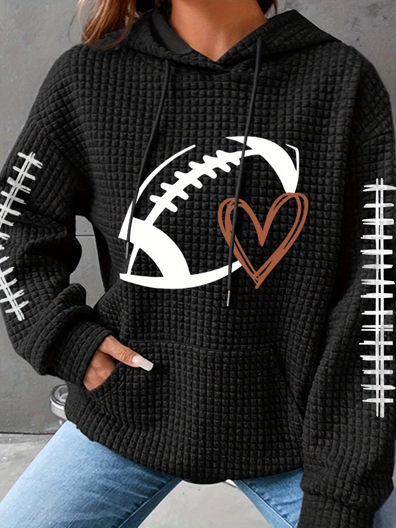 plus size casual hoodie womens plus rugby heart print waffle knit long sleeve drawstring hoodie with kangaroo pockets details 1