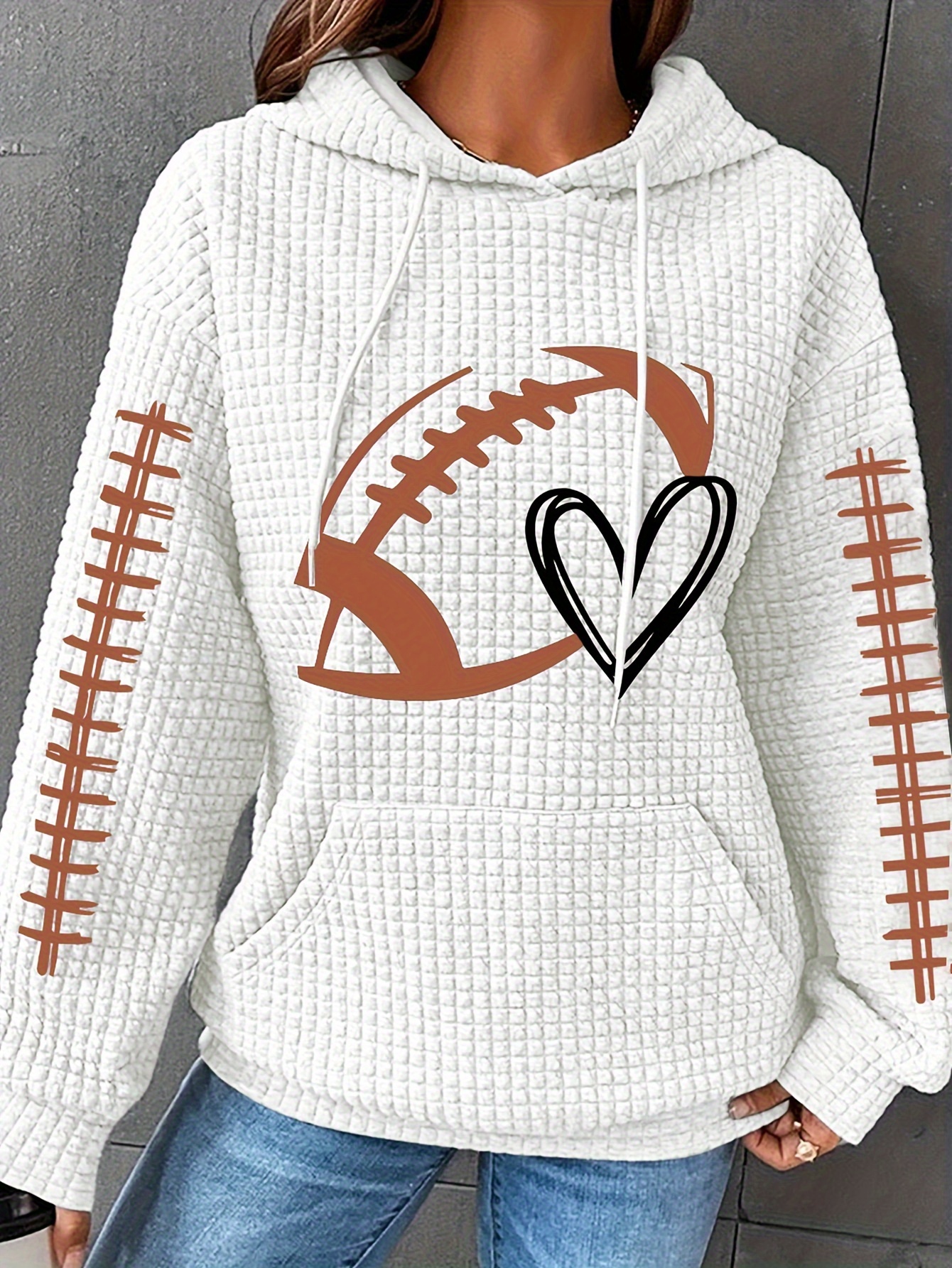 plus size casual hoodie womens plus rugby heart print waffle knit long sleeve drawstring hoodie with kangaroo pockets details 3