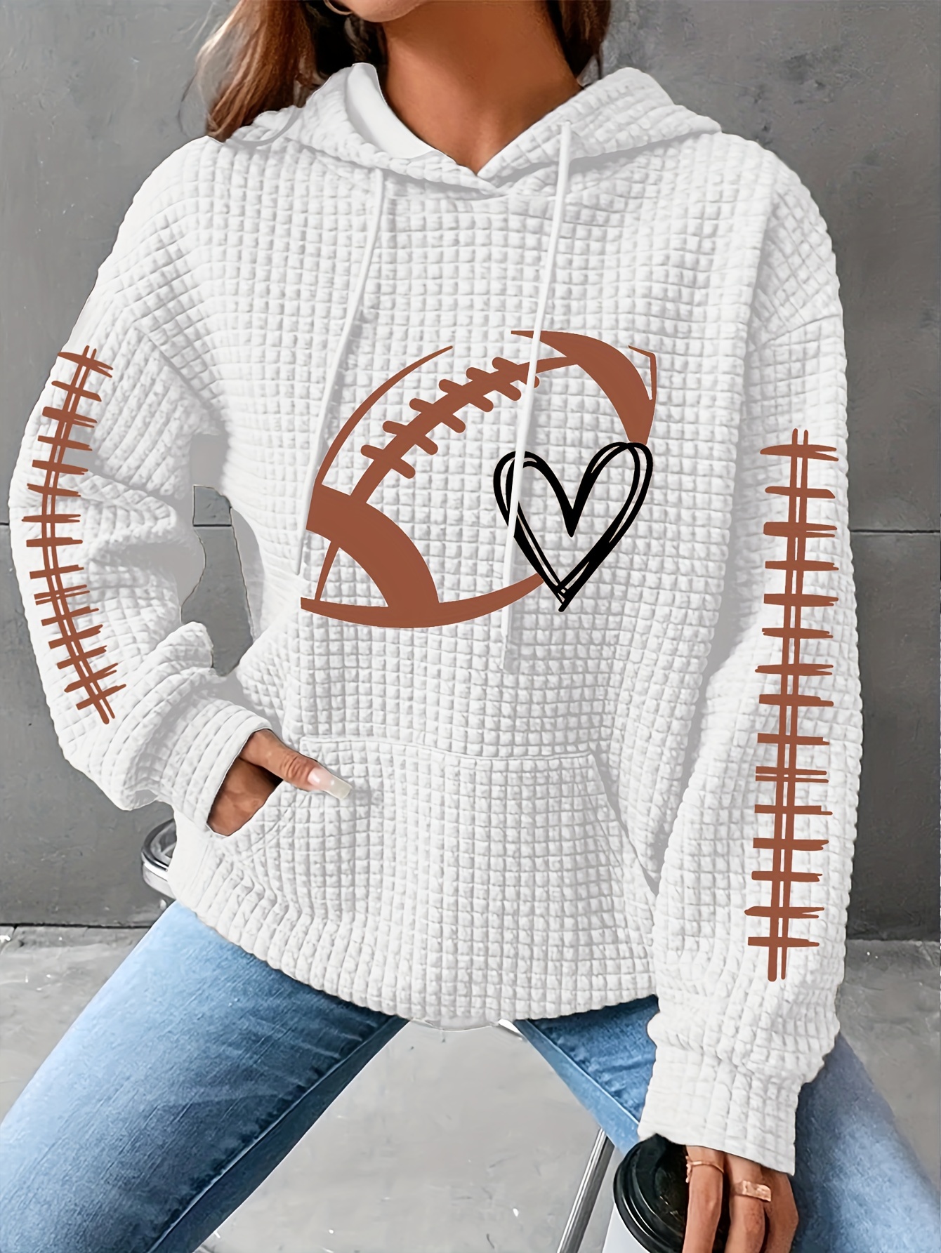 plus size casual hoodie womens plus rugby heart print waffle knit long sleeve drawstring hoodie with kangaroo pockets details 4