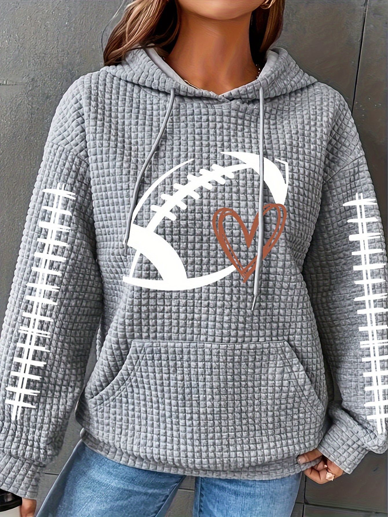 plus size casual hoodie womens plus rugby heart print waffle knit long sleeve drawstring hoodie with kangaroo pockets details 6