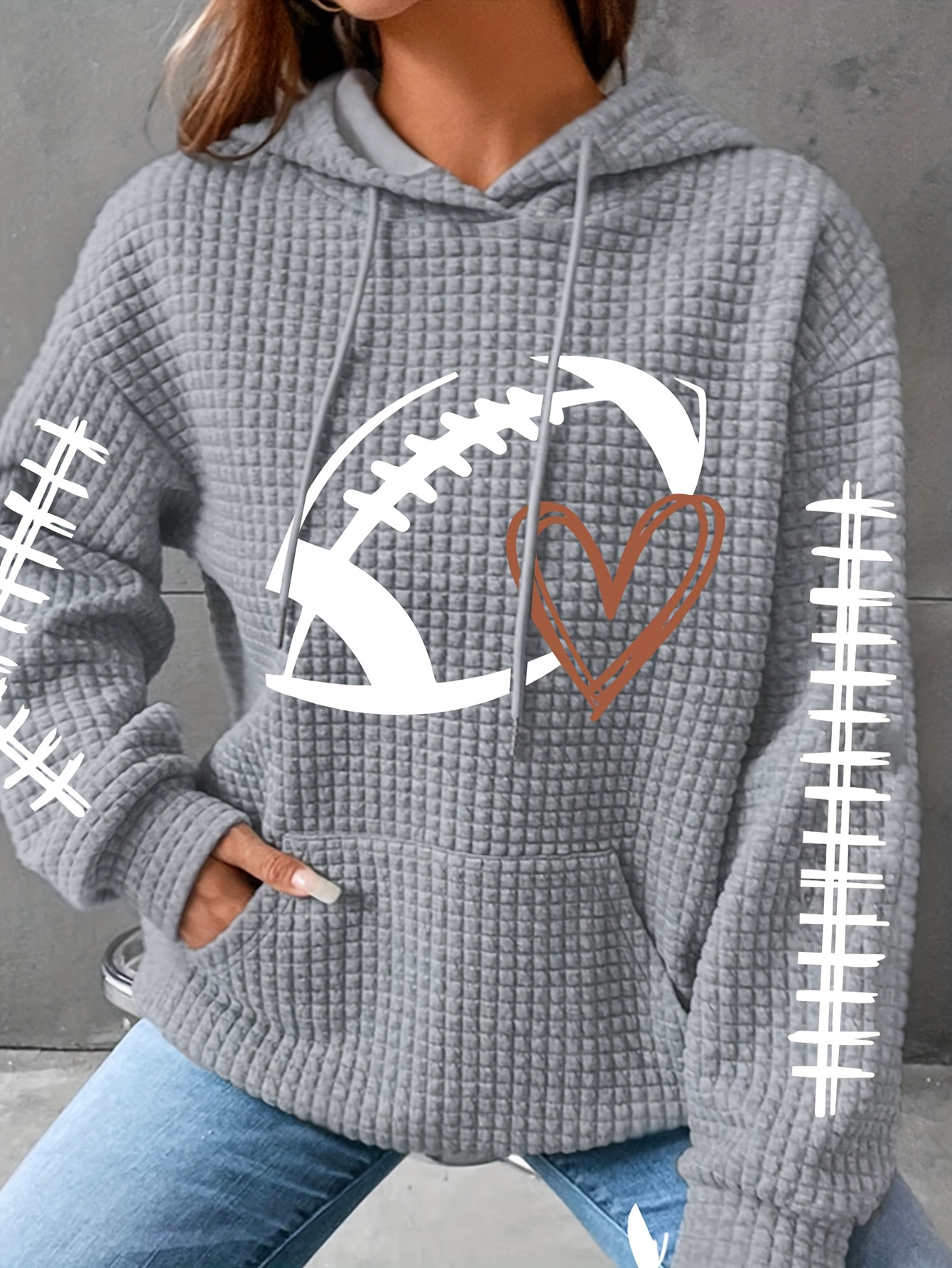 plus size casual hoodie womens plus rugby heart print waffle knit long sleeve drawstring hoodie with kangaroo pockets details 7