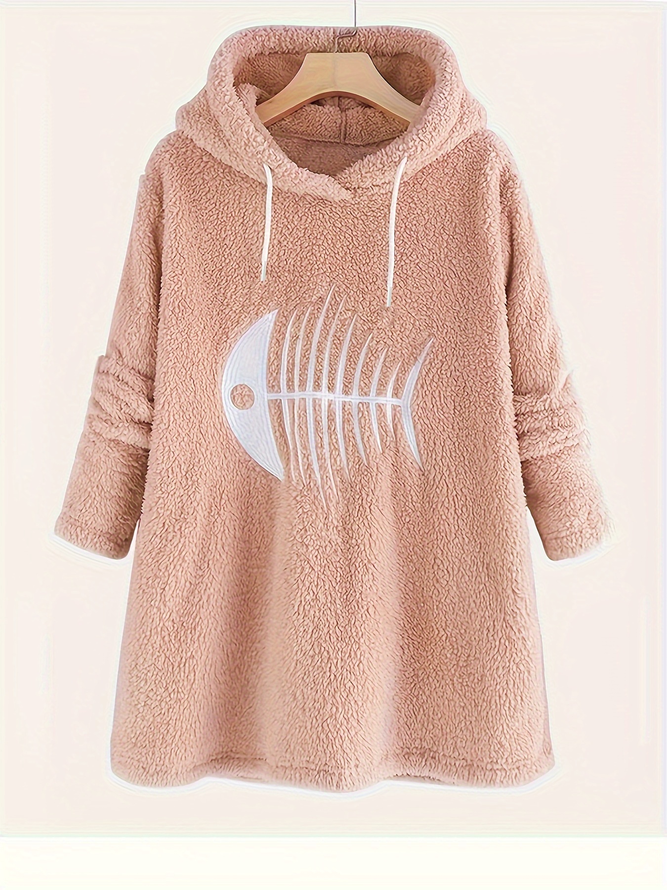 plus size fish bone print sweatshirt casual long sleeve fuzzy hooded sweatshirt womens plus size clothing details 2