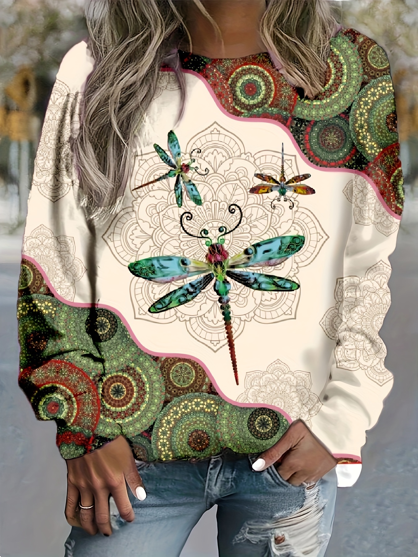 plus size dragonfly print sweatshirt casual long sleeve crew neck sweatshirt womens plus size clothing details 3