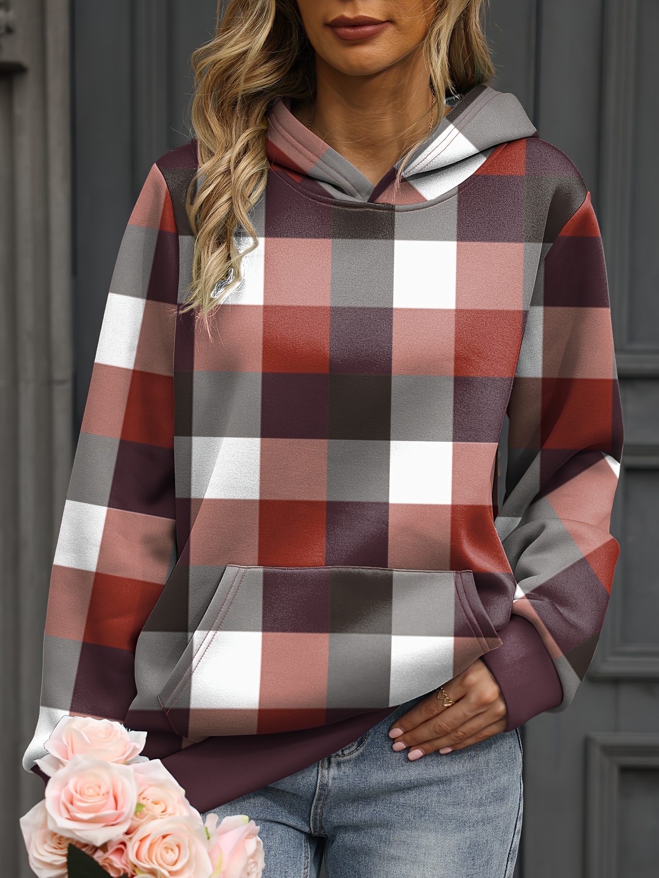 plus size colorblock plaid print hoodie casual kangaroo pocket long sleeve hooded sweatshirt womens plus size clothing details 0