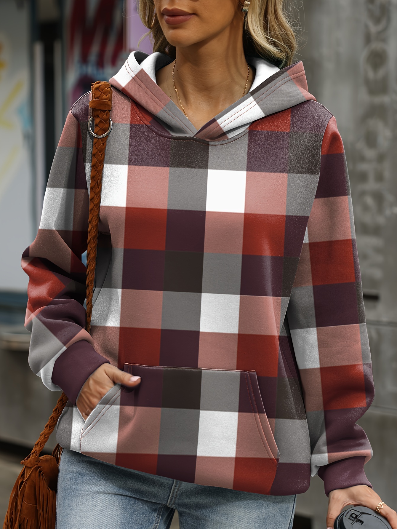 plus size colorblock plaid print hoodie casual kangaroo pocket long sleeve hooded sweatshirt womens plus size clothing details 4