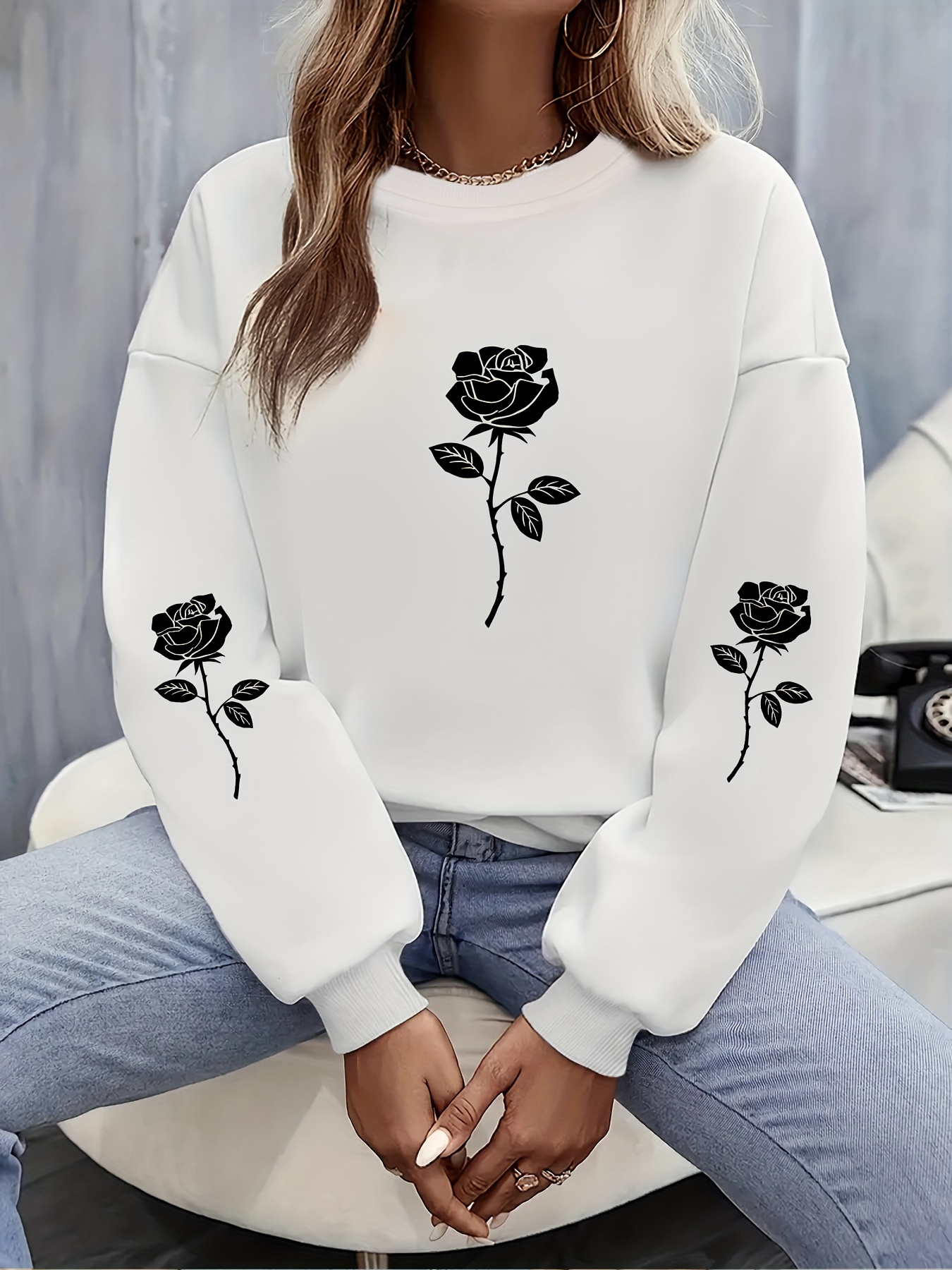 plus size floral print pullover sweatshirt casual long sleeve crew neck sweatshirt womens plus size clothing details 0