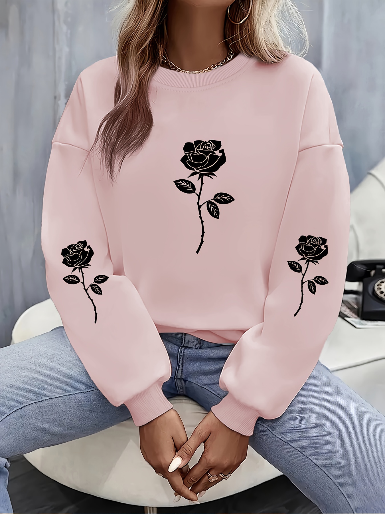 plus size floral print pullover sweatshirt casual long sleeve crew neck sweatshirt womens plus size clothing details 6