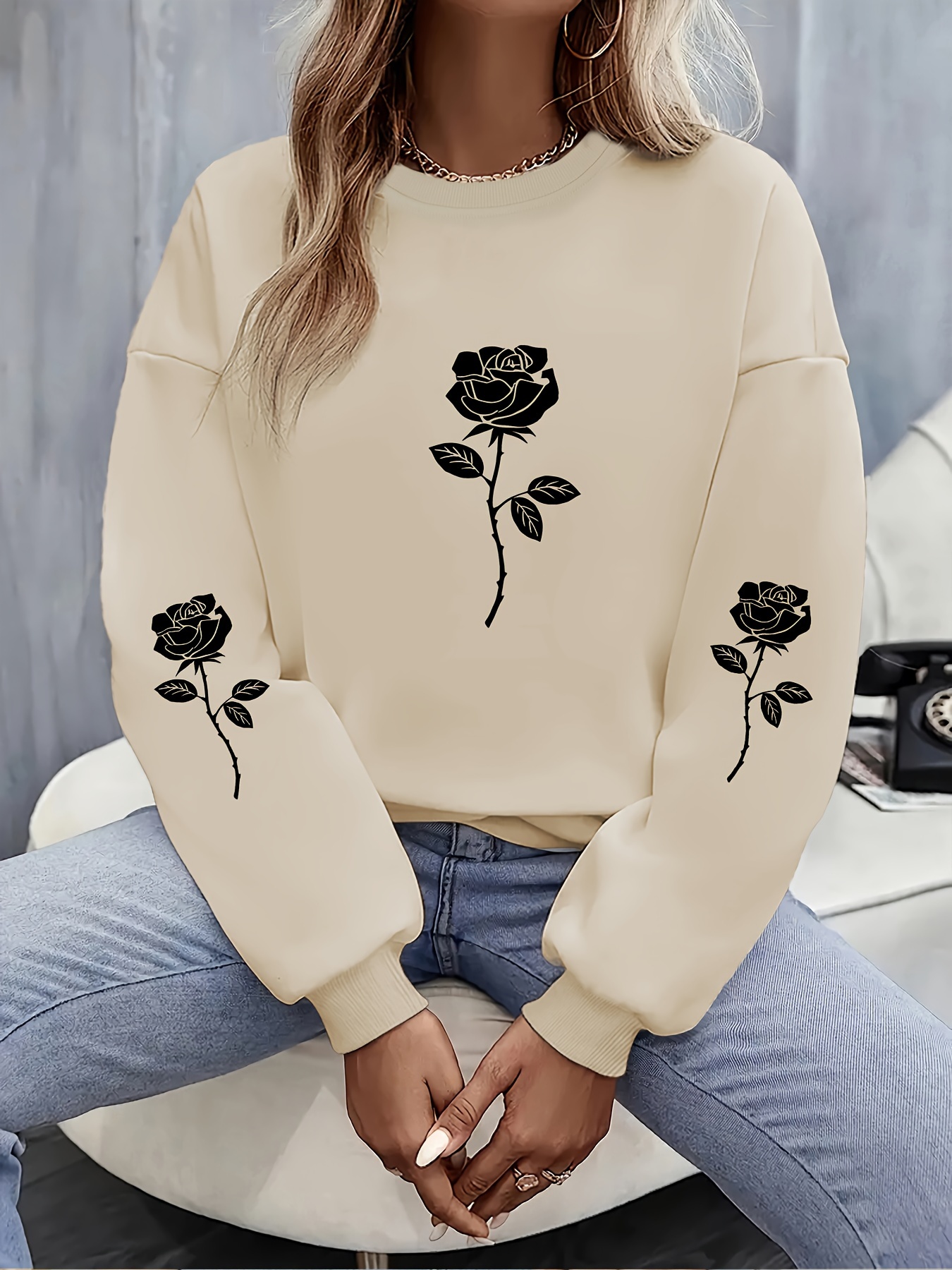 plus size floral print pullover sweatshirt casual long sleeve crew neck sweatshirt womens plus size clothing details 15