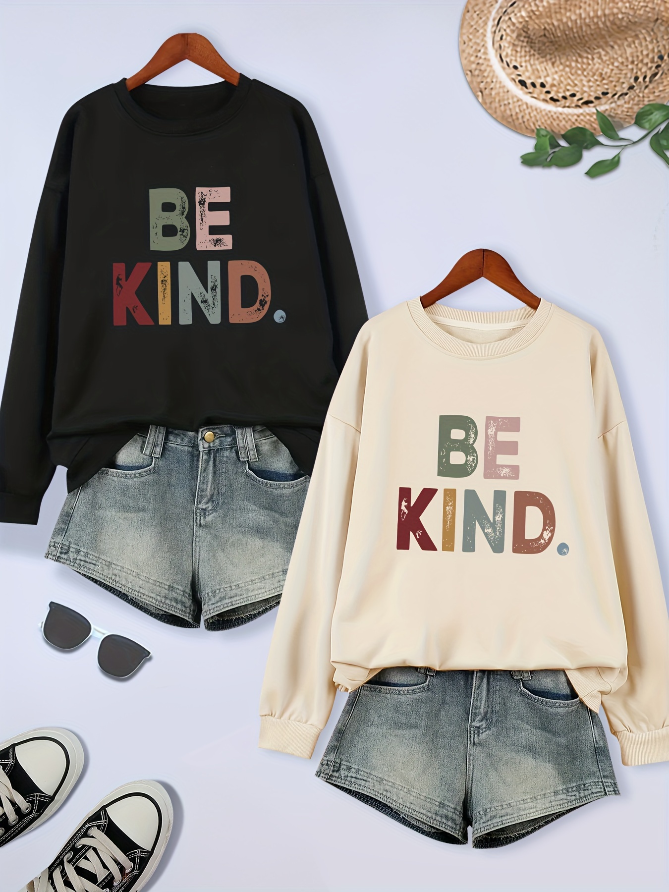 2 packs plus size be kind print sweatshirt casual long sleeve crew neck pullover sweatshirt womens plus size clothing details 0