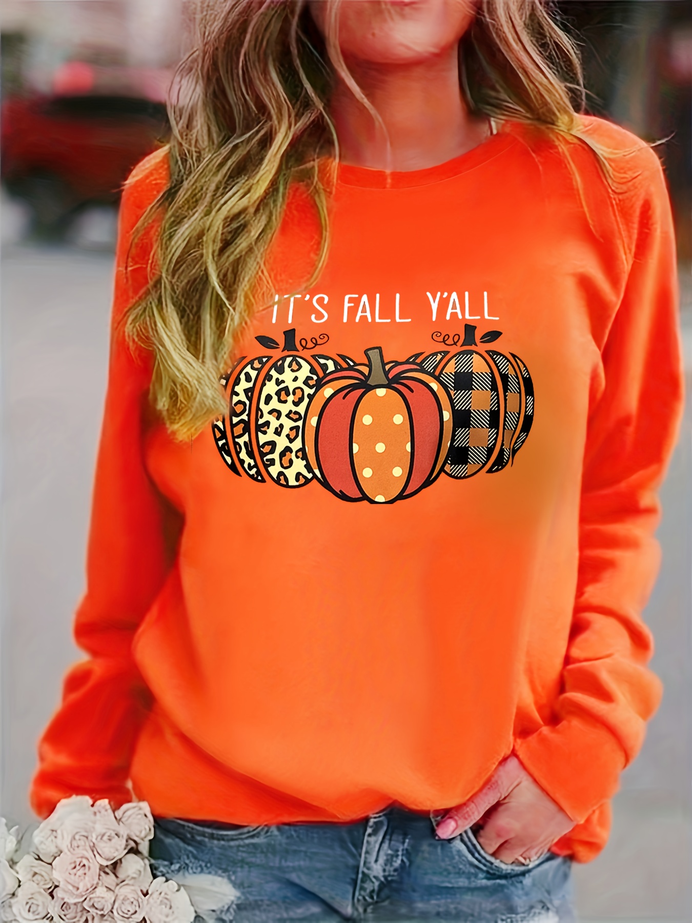 plus size halloween sweatshirt womens plus pumpkin slogan print long sleeve crew neck medium stretch pullover sweatshirt casual tops for fall winter plus size womens clothing details 0