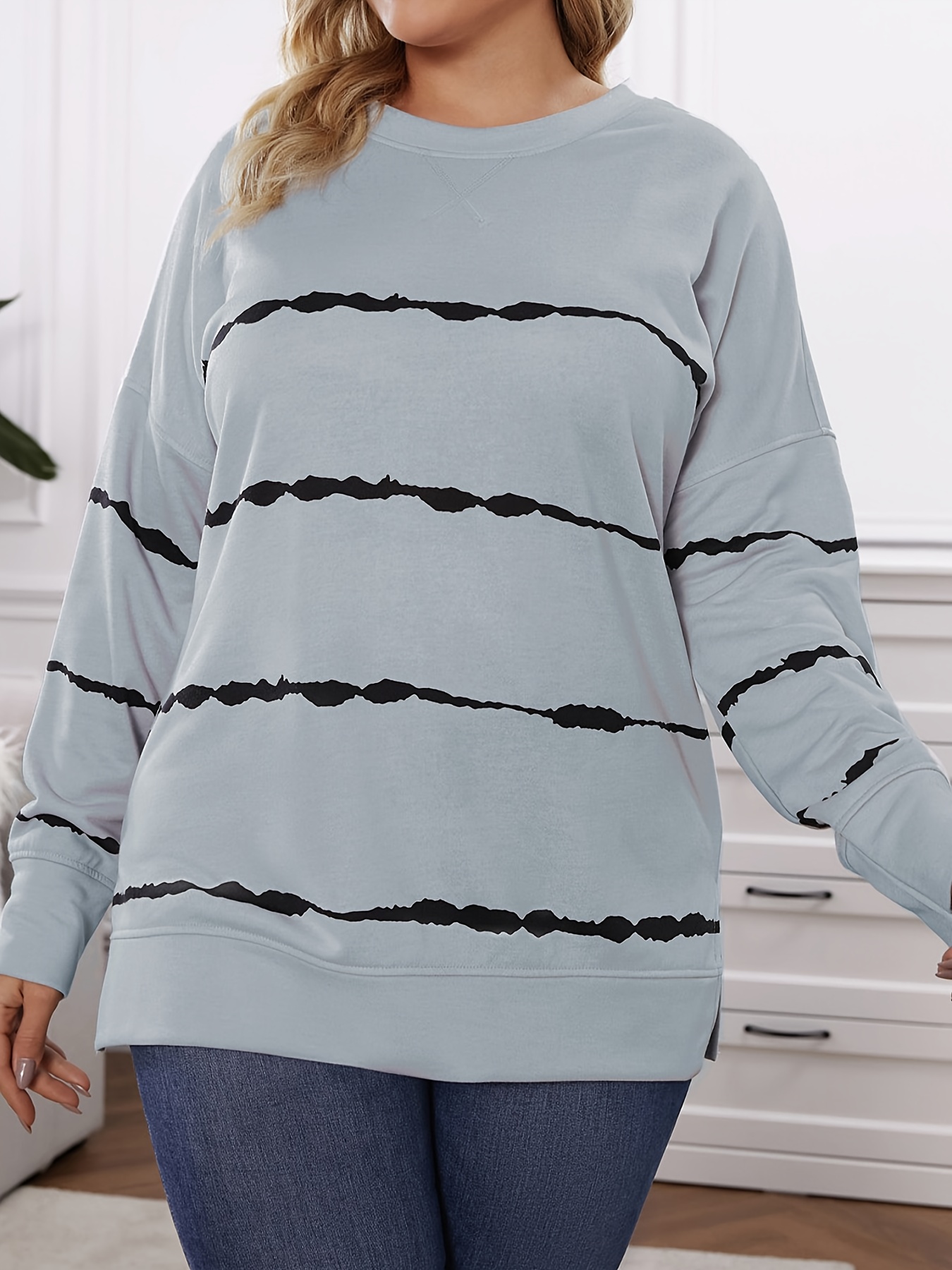 plus size casual sweatshirt womens plus strip long sleeve round neck pullover sweatshirt details 7