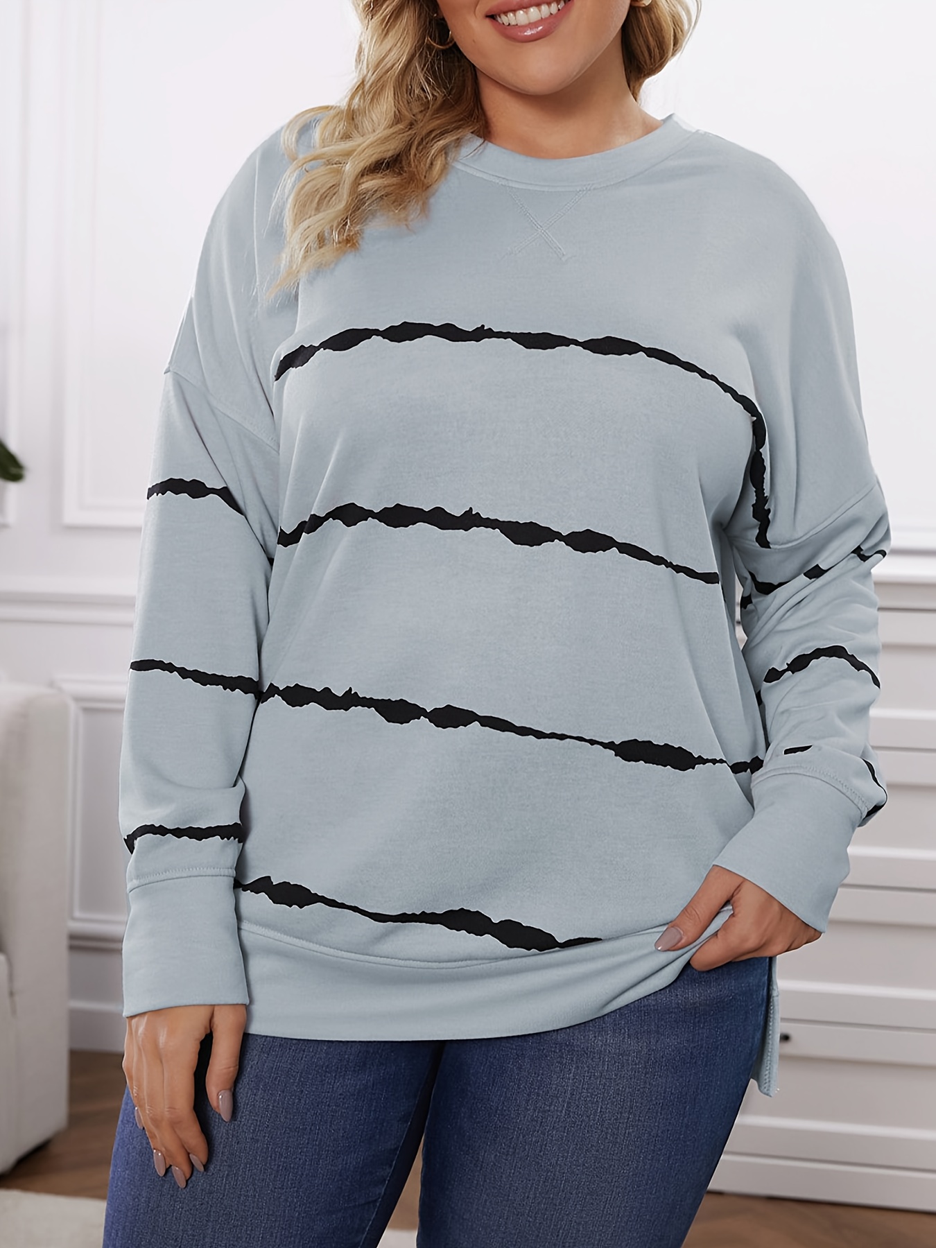 plus size casual sweatshirt womens plus strip long sleeve round neck pullover sweatshirt details 8