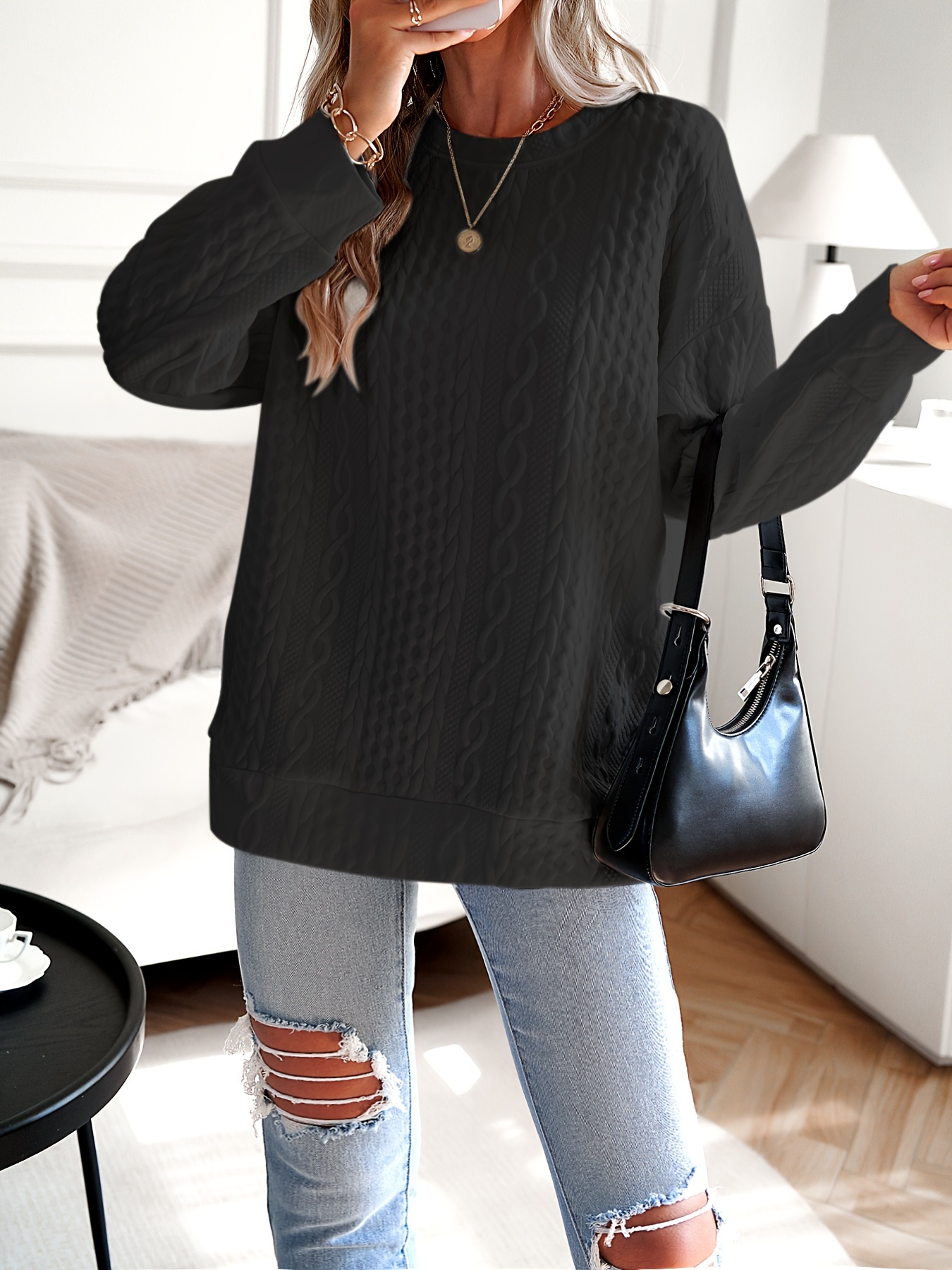 womens casual sweatshirt plus size solid cable knit long sleeve round neck drop shoulder pullover top details 0