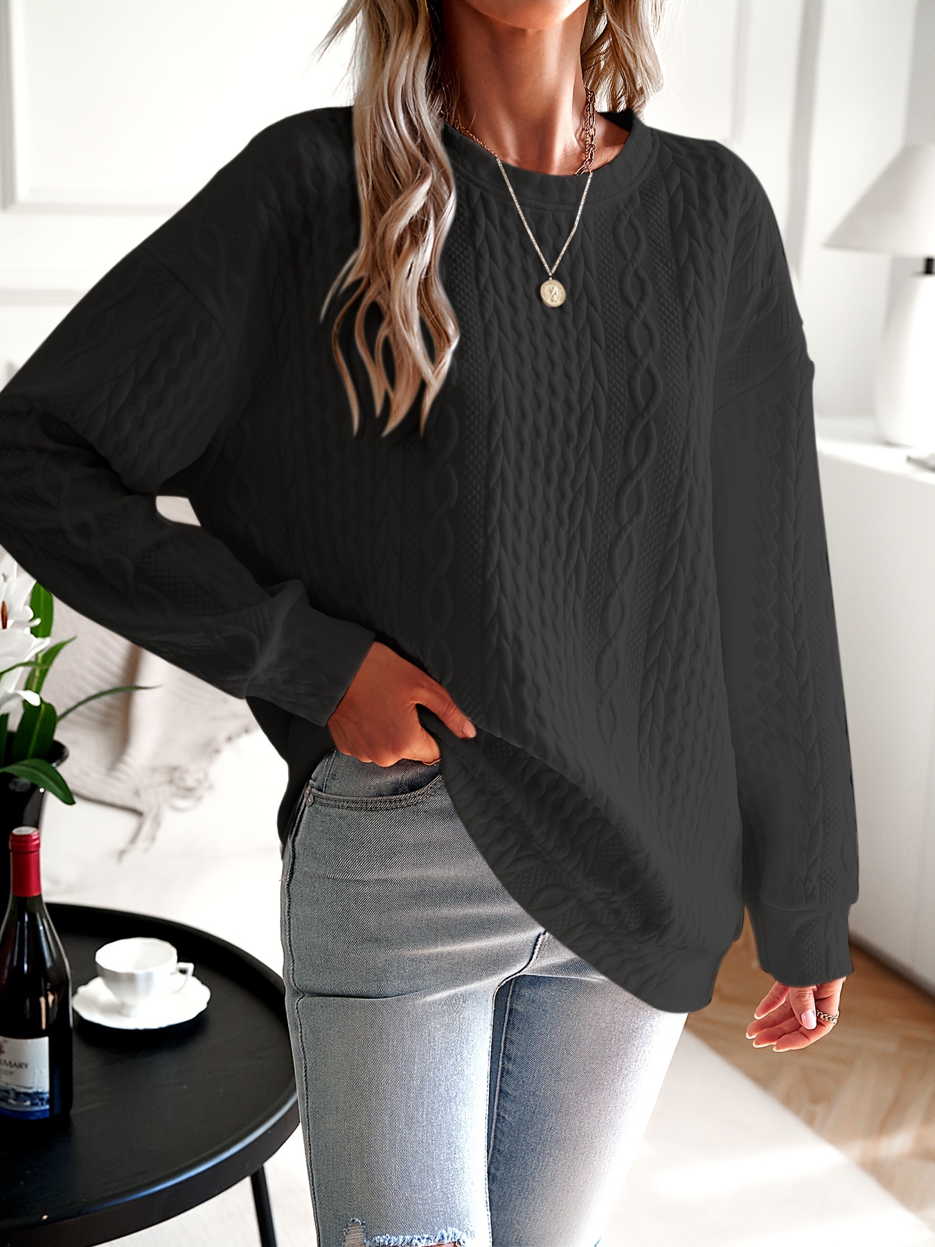 womens casual sweatshirt plus size solid cable knit long sleeve round neck drop shoulder pullover top details 1