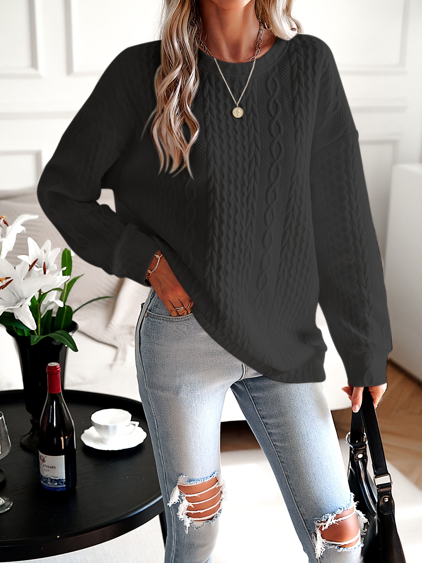 womens casual sweatshirt plus size solid cable knit long sleeve round neck drop shoulder pullover top details 2