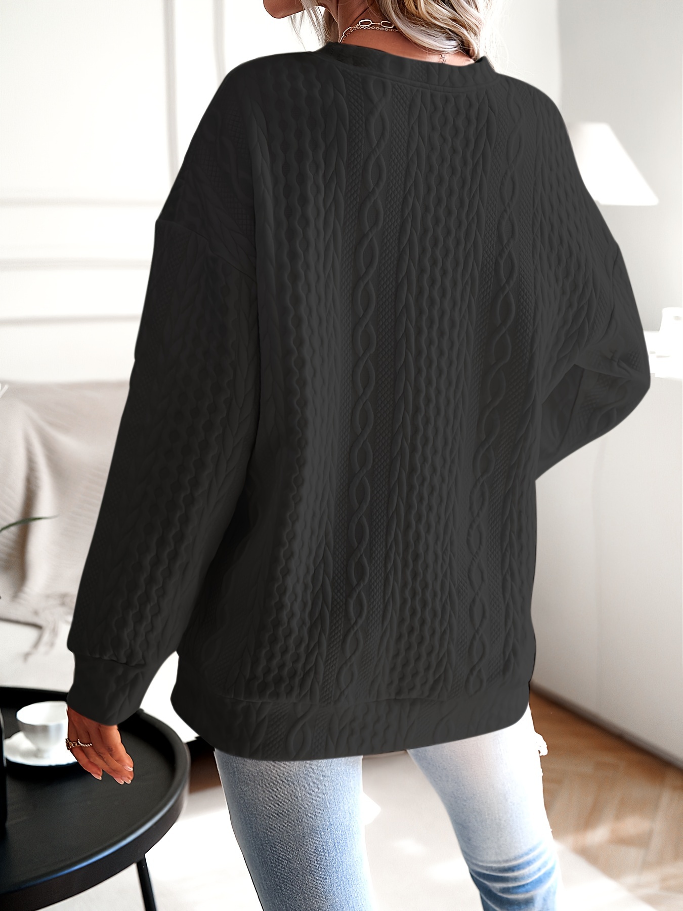 womens casual sweatshirt plus size solid cable knit long sleeve round neck drop shoulder pullover top details 3