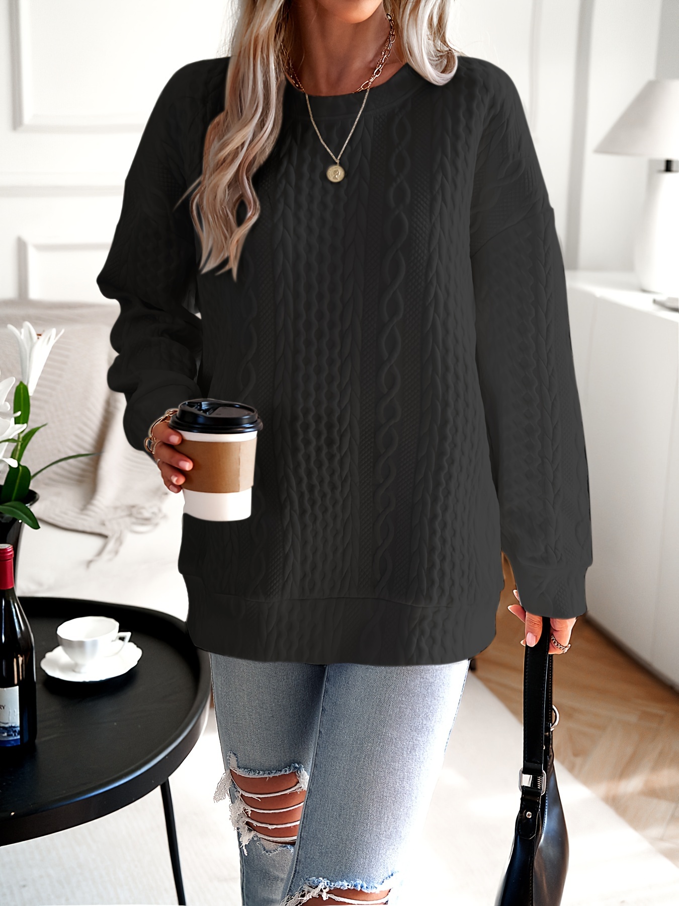 womens casual sweatshirt plus size solid cable knit long sleeve round neck drop shoulder pullover top details 4