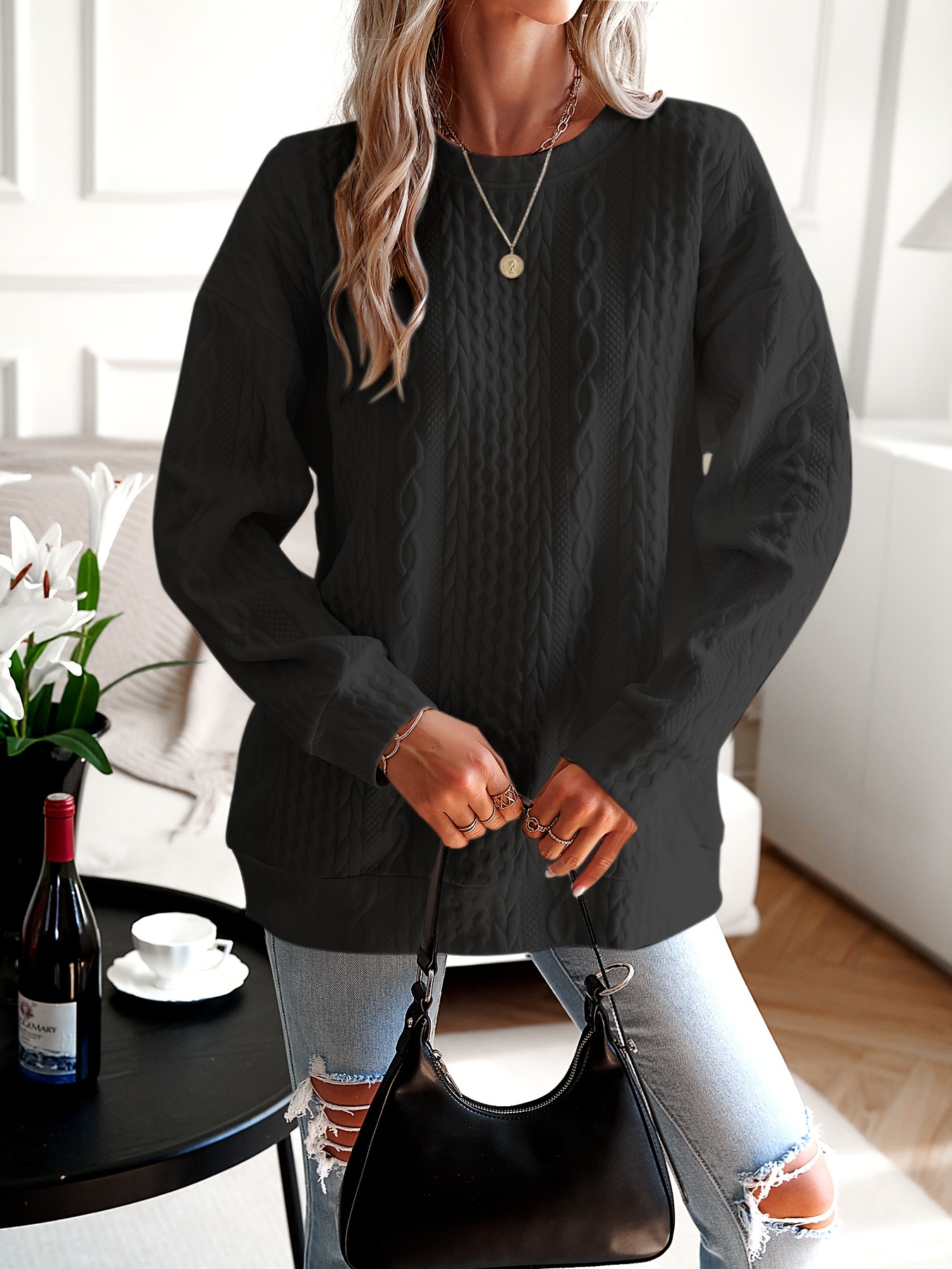 womens casual sweatshirt plus size solid cable knit long sleeve round neck drop shoulder pullover top details 5