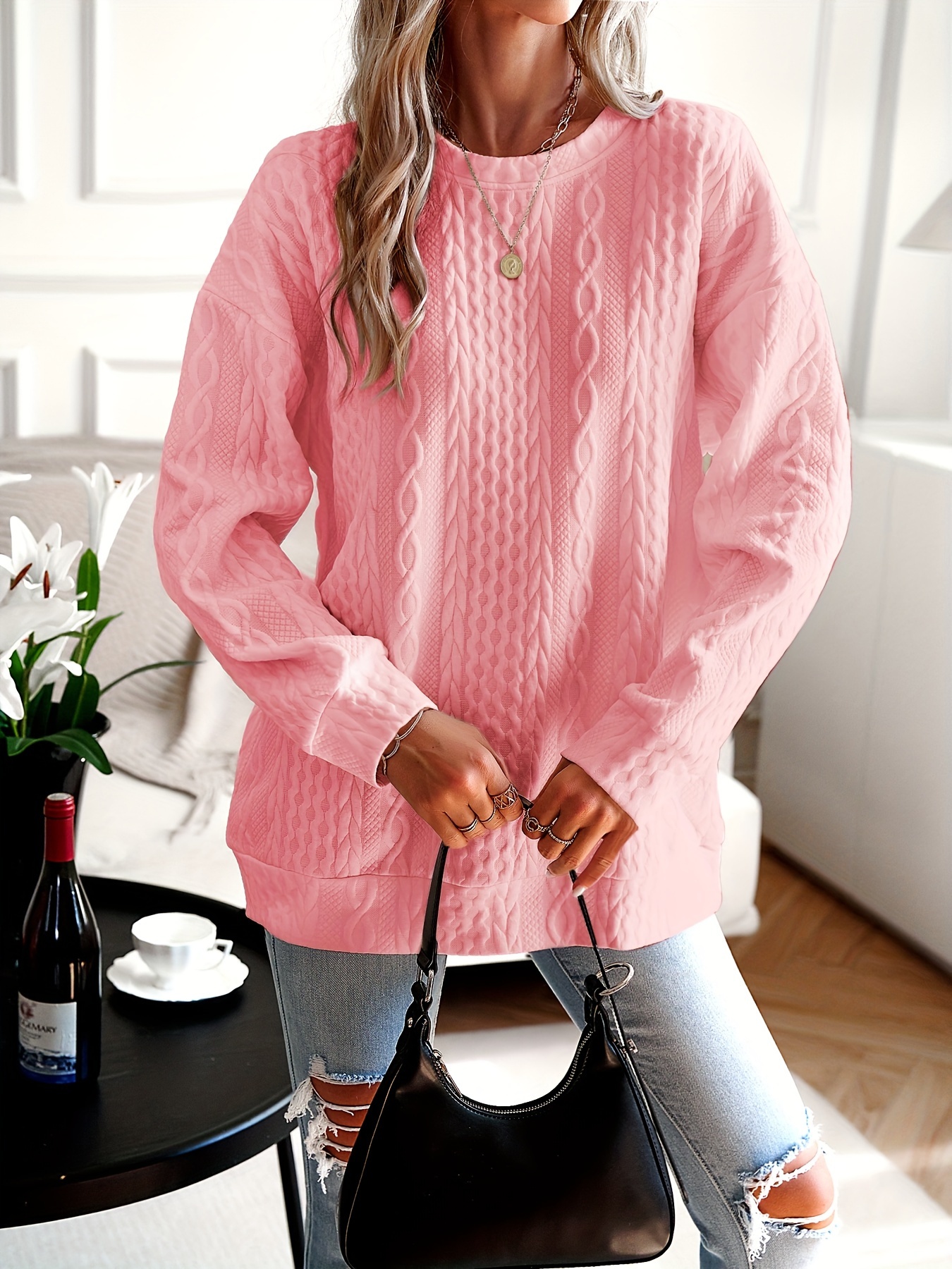 womens casual sweatshirt plus size solid cable knit long sleeve round neck drop shoulder pullover top details 7