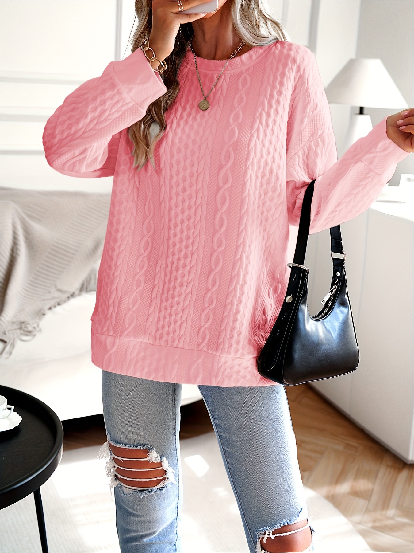 womens casual sweatshirt plus size solid cable knit long sleeve round neck drop shoulder pullover top details 9