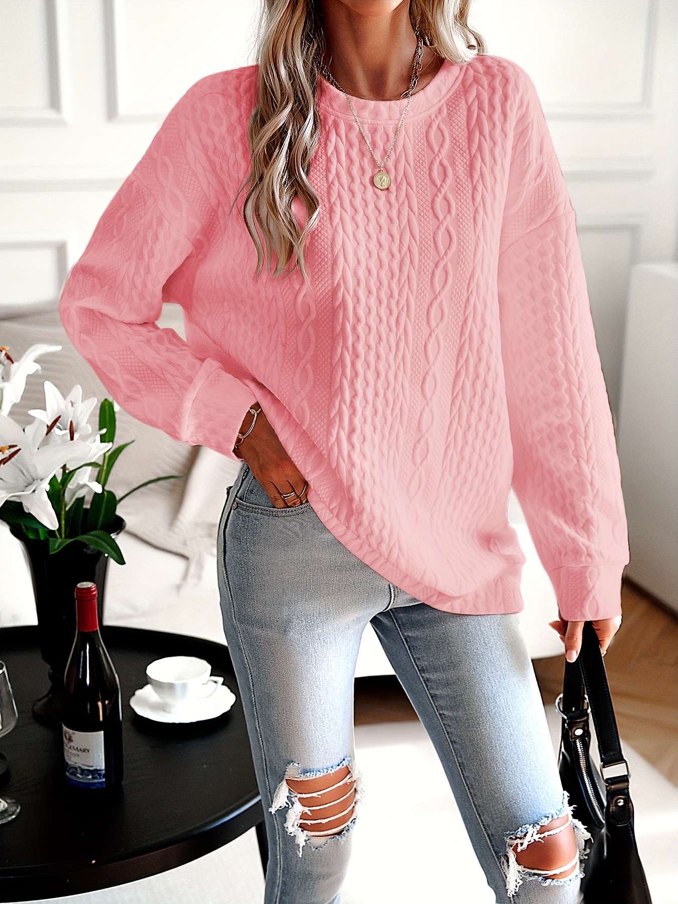 womens casual sweatshirt plus size solid cable knit long sleeve round neck drop shoulder pullover top details 10