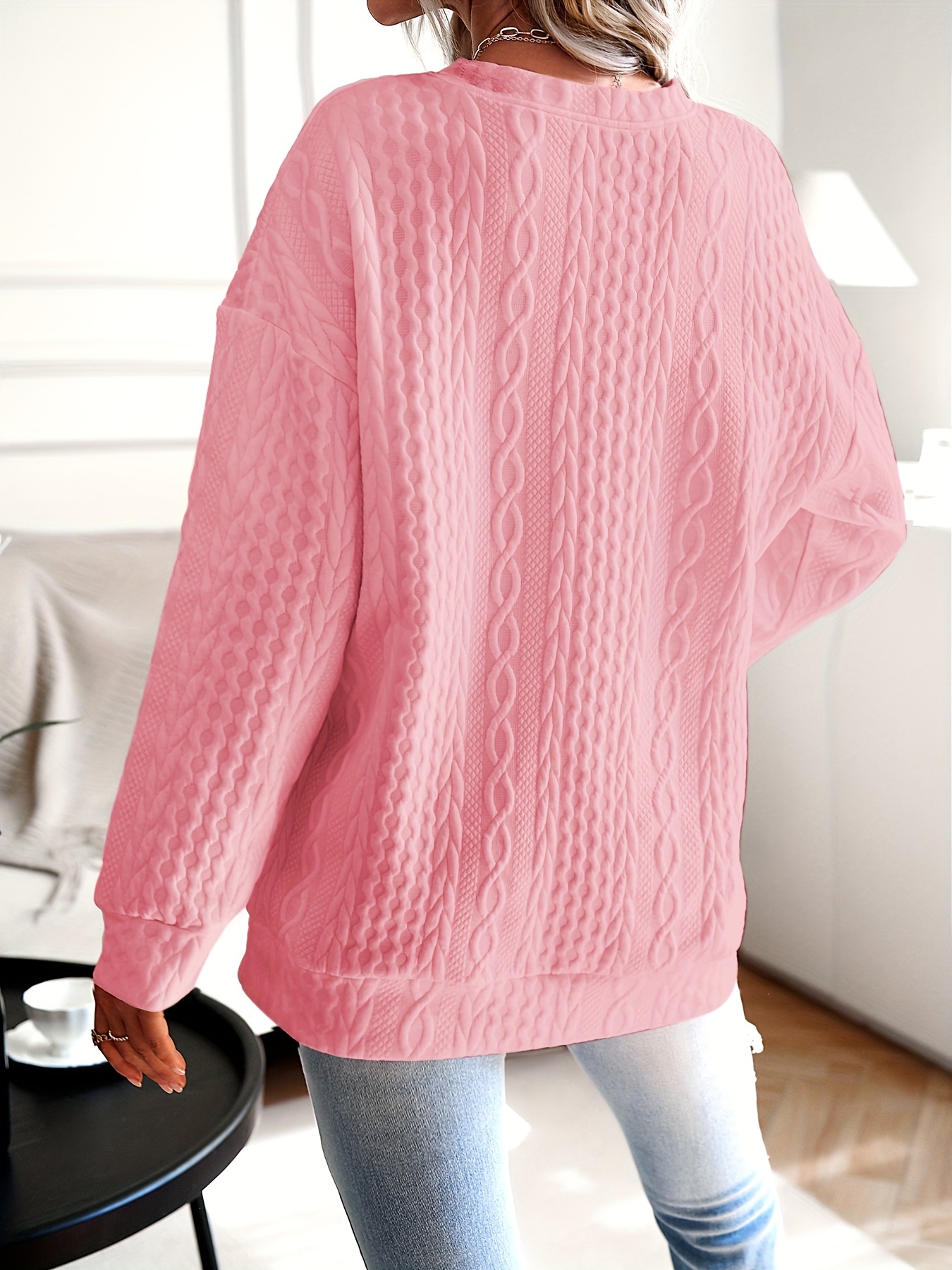 womens casual sweatshirt plus size solid cable knit long sleeve round neck drop shoulder pullover top details 11