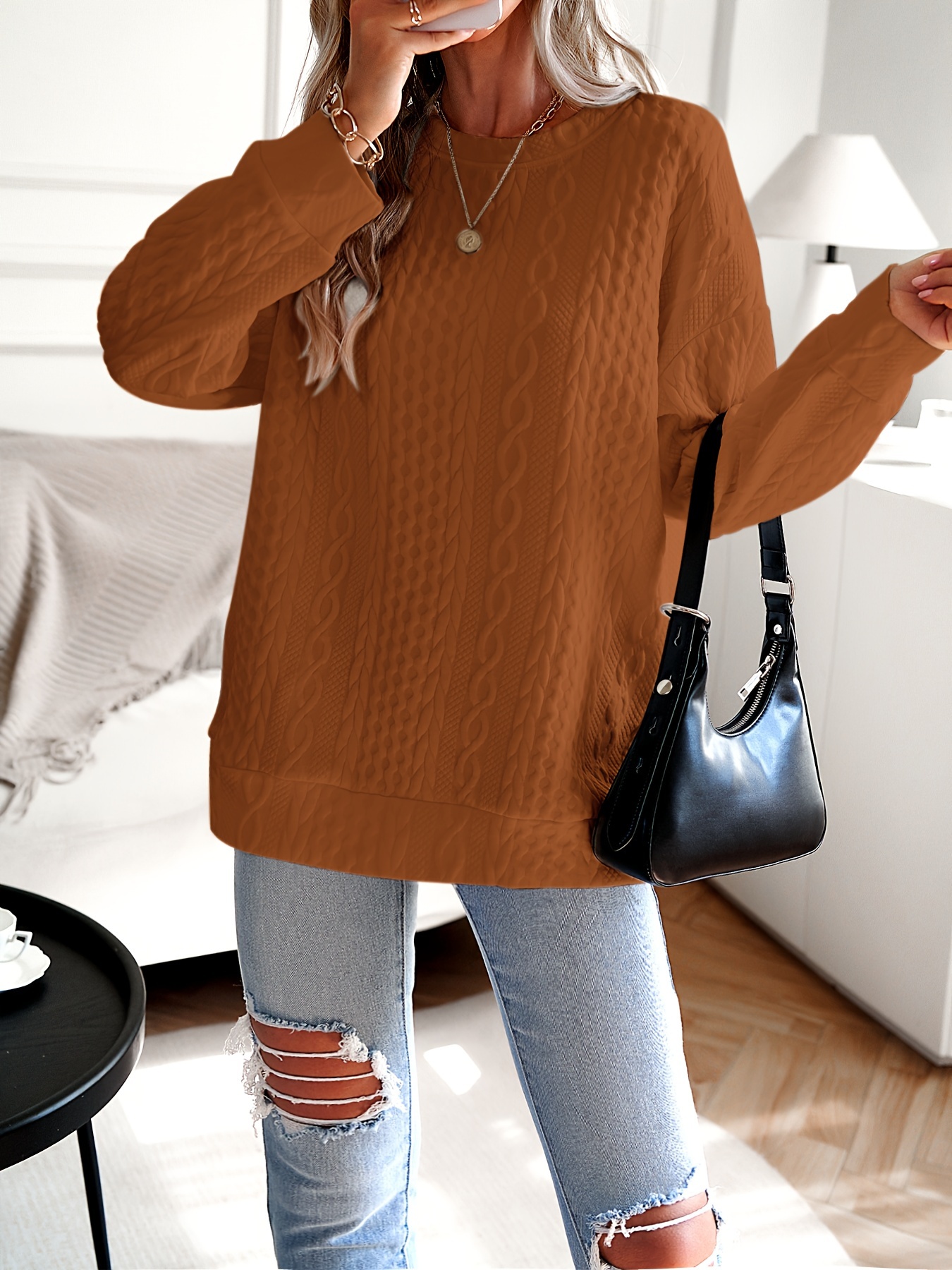 womens casual sweatshirt plus size solid cable knit long sleeve round neck drop shoulder pullover top details 12