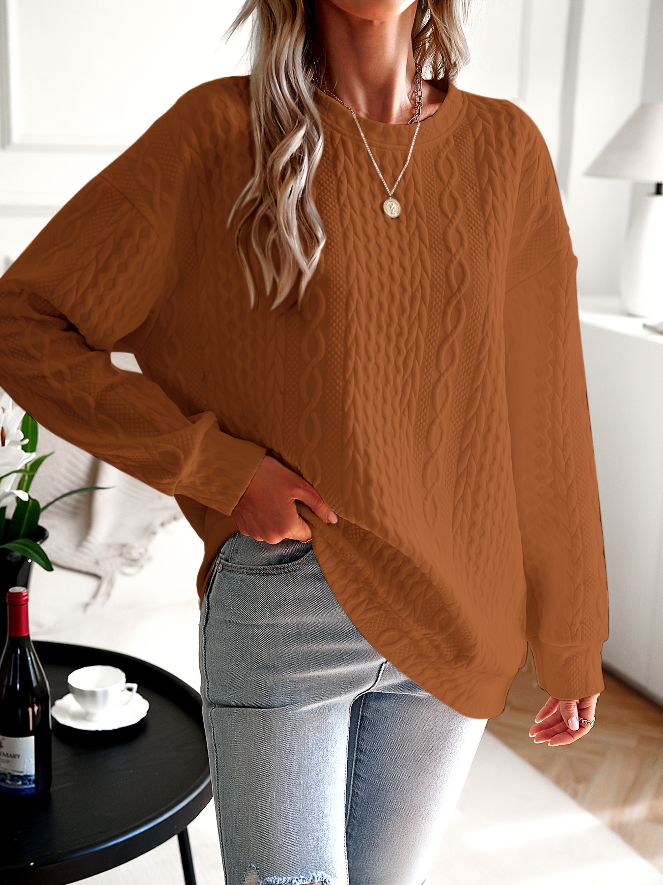 womens casual sweatshirt plus size solid cable knit long sleeve round neck drop shoulder pullover top details 13