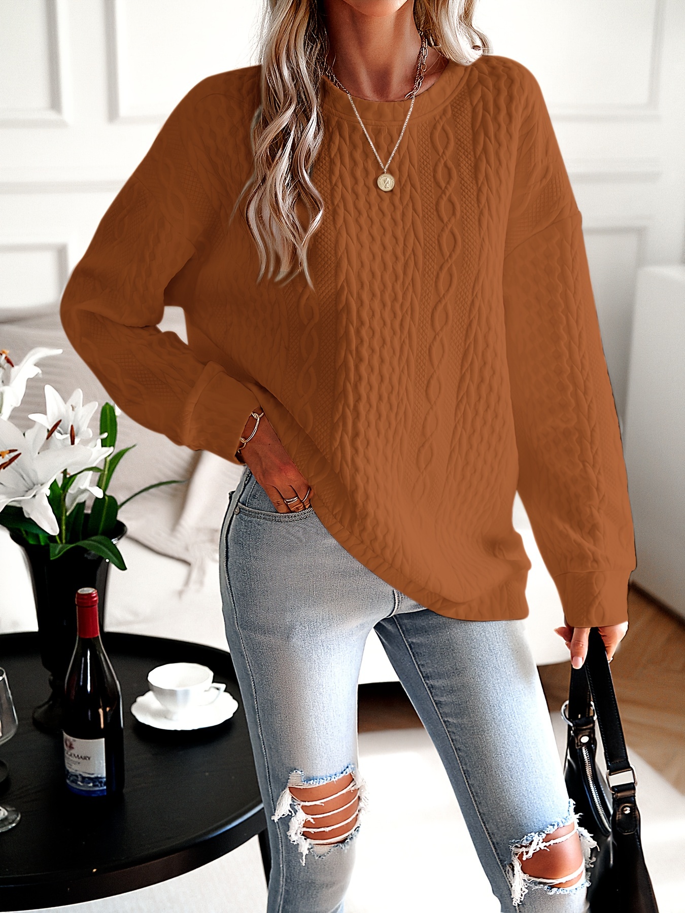 womens casual sweatshirt plus size solid cable knit long sleeve round neck drop shoulder pullover top details 14