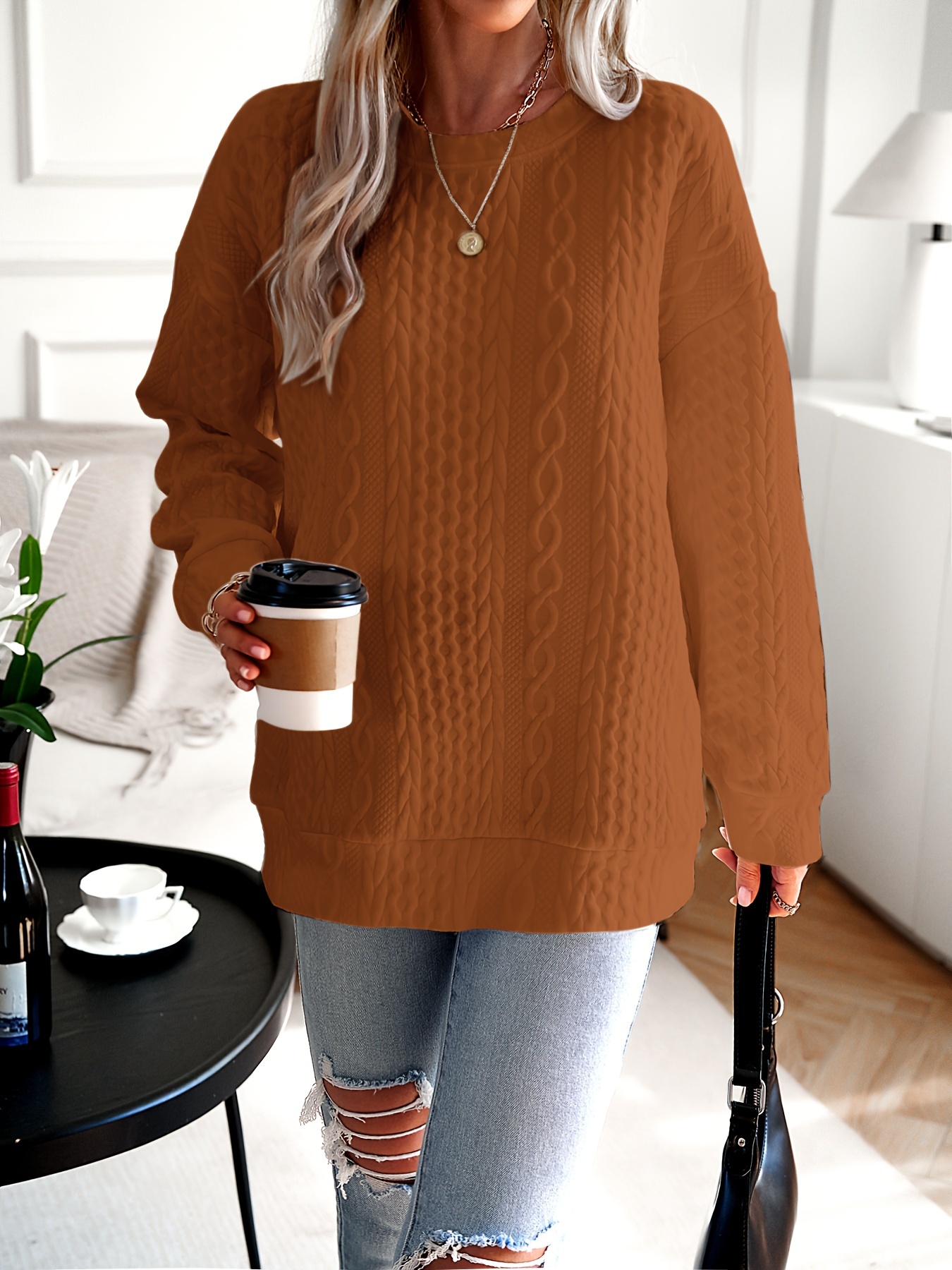 womens casual sweatshirt plus size solid cable knit long sleeve round neck drop shoulder pullover top details 15