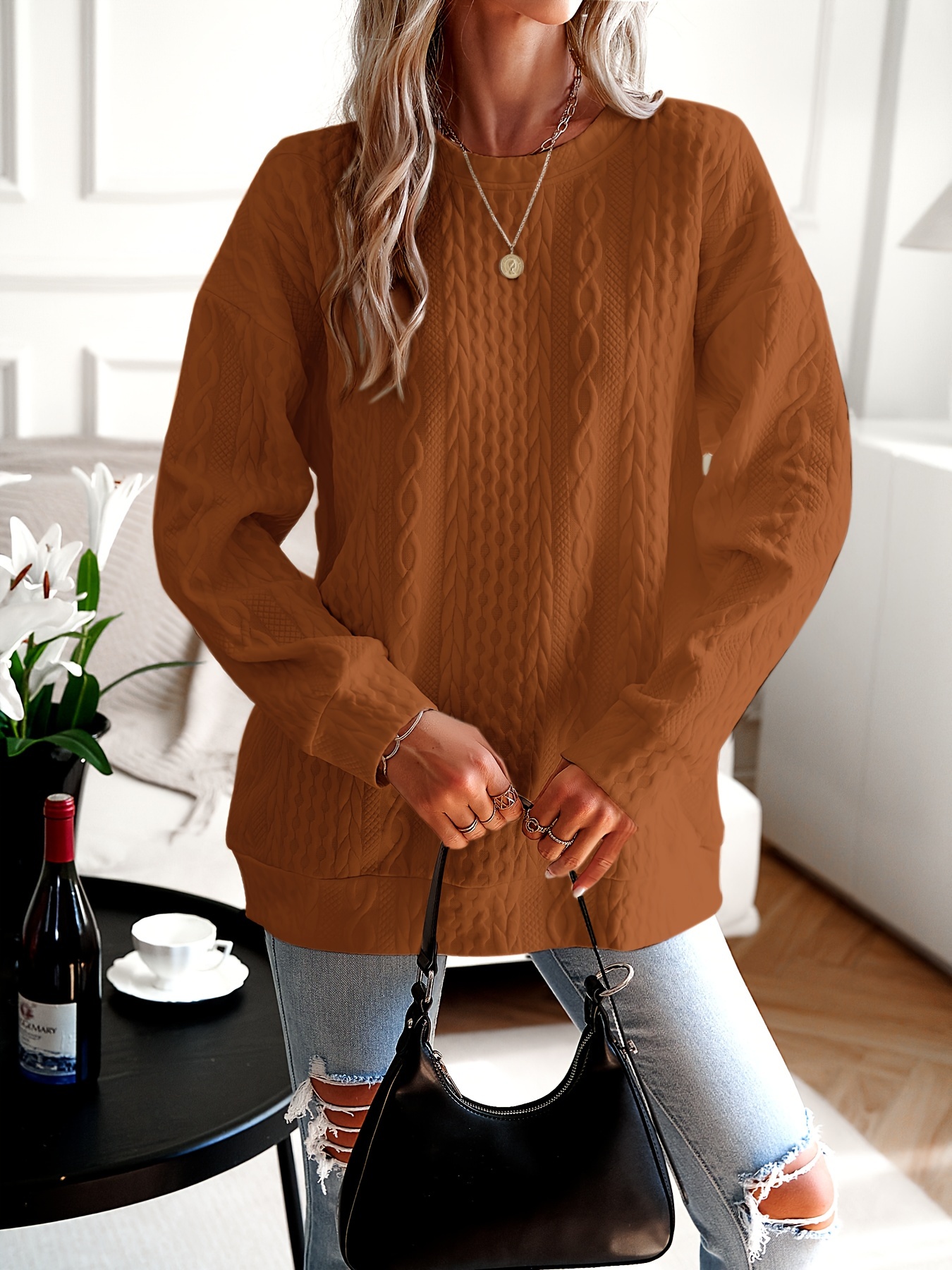 womens casual sweatshirt plus size solid cable knit long sleeve round neck drop shoulder pullover top details 17