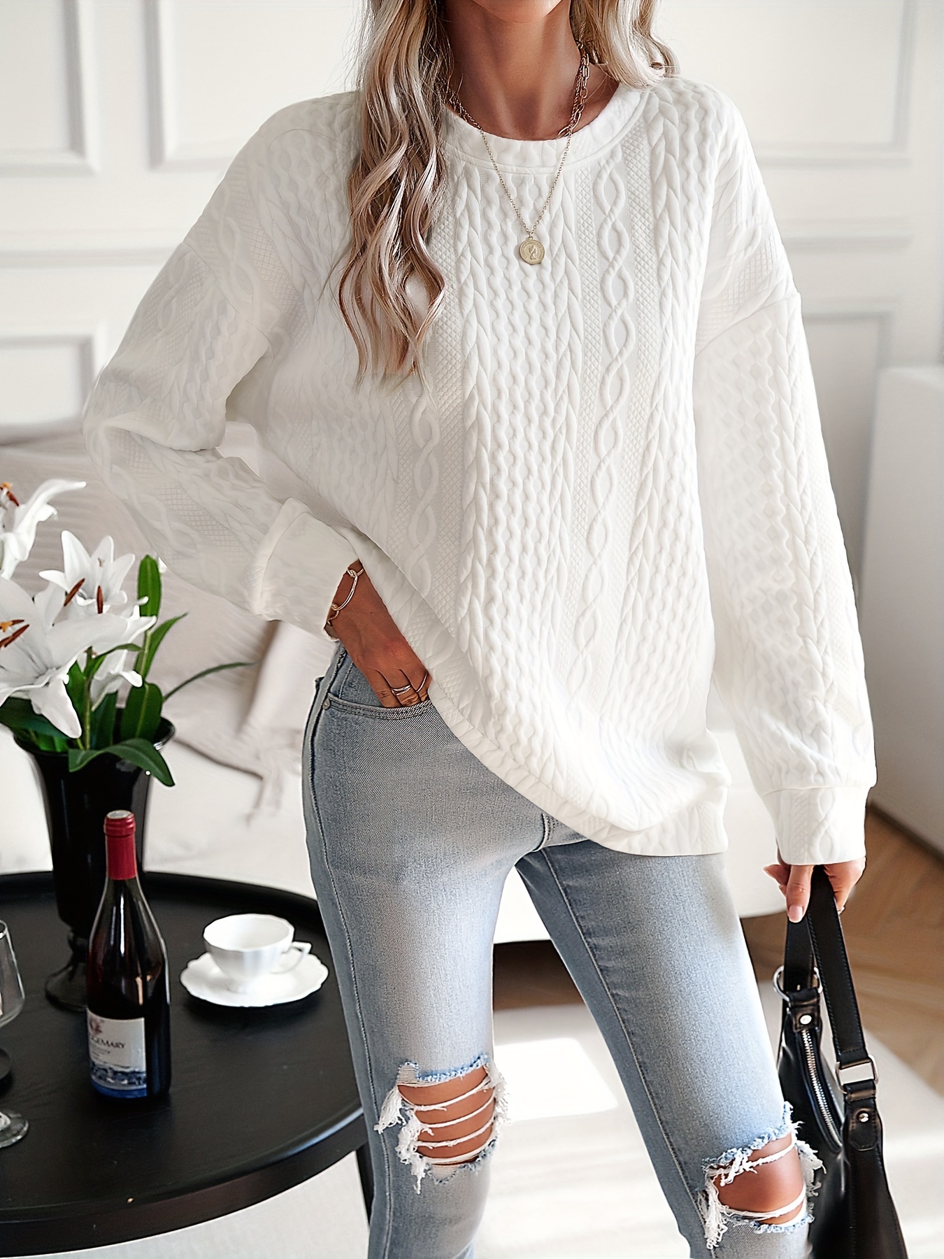 womens casual sweatshirt plus size solid cable knit long sleeve round neck drop shoulder pullover top details 19