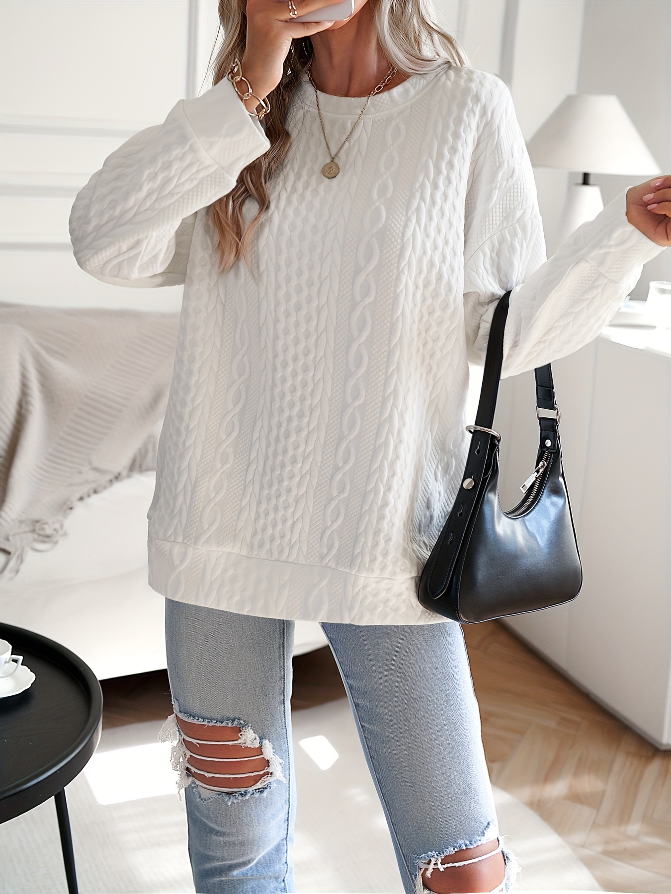 womens casual sweatshirt plus size solid cable knit long sleeve round neck drop shoulder pullover top details 20