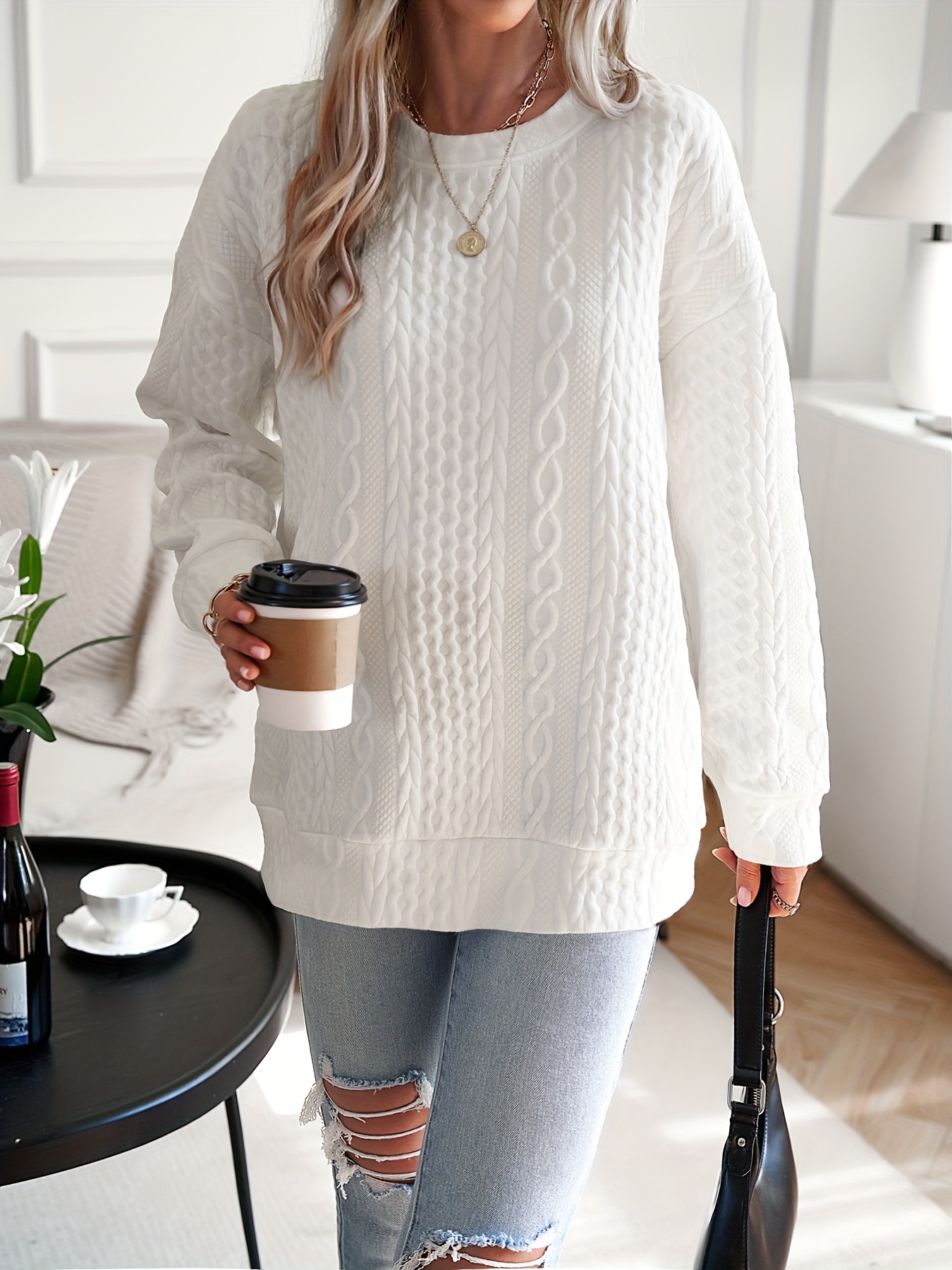 womens casual sweatshirt plus size solid cable knit long sleeve round neck drop shoulder pullover top details 21