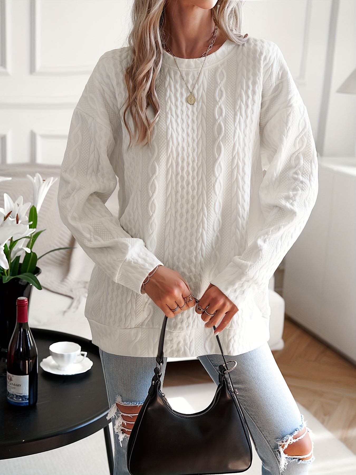 womens casual sweatshirt plus size solid cable knit long sleeve round neck drop shoulder pullover top details 22